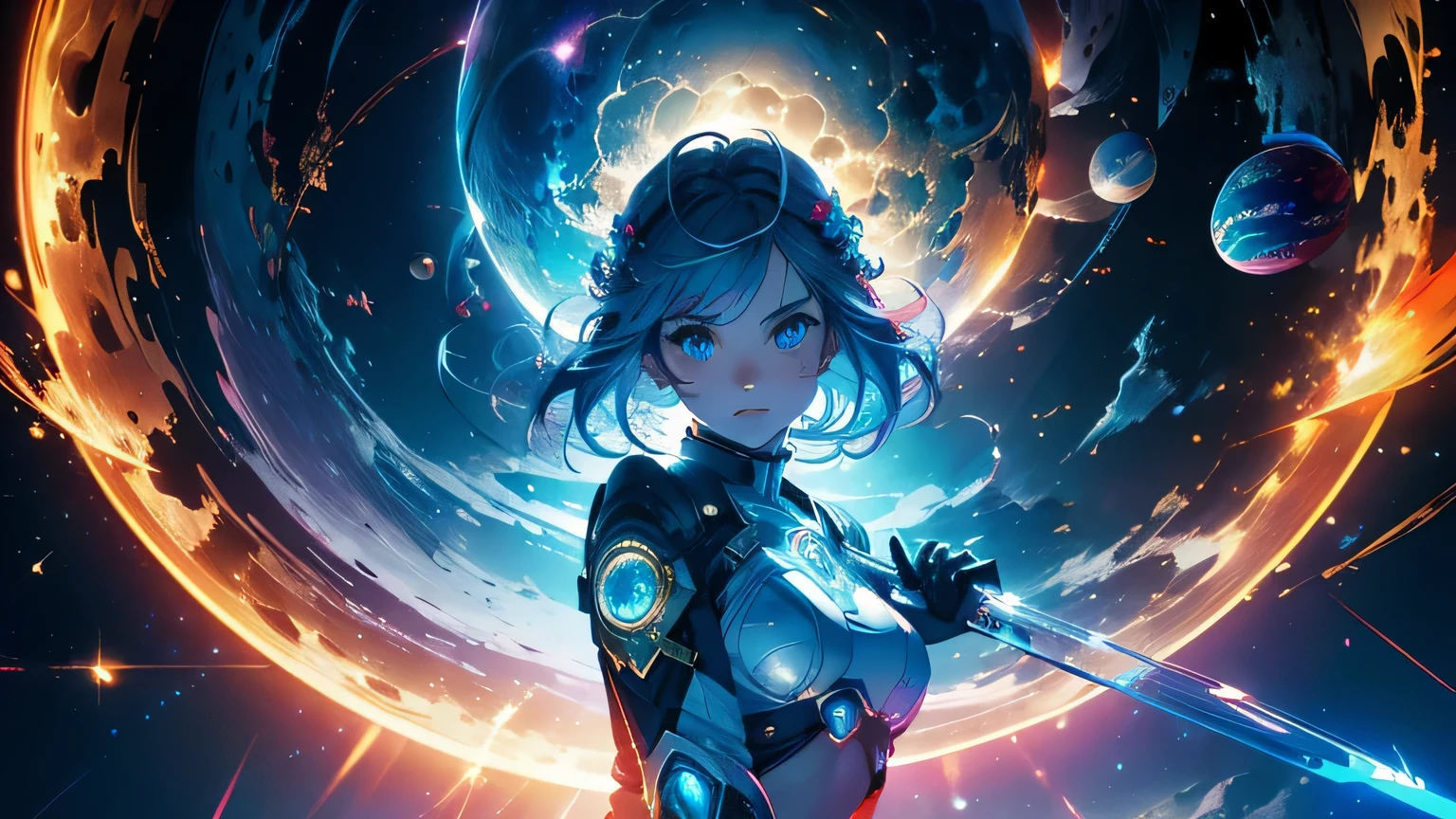 (masterpiece), best quality, a cute girl floating in the space holding a planet, ((holding)), sphere, ((glow, planet glow)), perfect face, expressive eyes, (blue Tight crop top gold leather suit), (Medium breast, open half breast), , spiral galaxy, astronomy wallpaper, happy, colorful, exciting, gorgeous, blue giant star, cowboy shot, cosmic, cosmos 4k, shiny, perfect light, glowing sphere BREAK is a cute girl on space, she is holding a glwoing sphere with the two hands, she is wearing a white space suit, she has blue hair, red eyes, red giant star, sun like star, shine, BREAK vivid colors, bright,shiny, cool colors, dramatic lighting, artistic, creative, digital art, wallpaper, (glowing eyeagical, impossible, good vibes, good emotions, adventure, (solo, alone,1girl)\