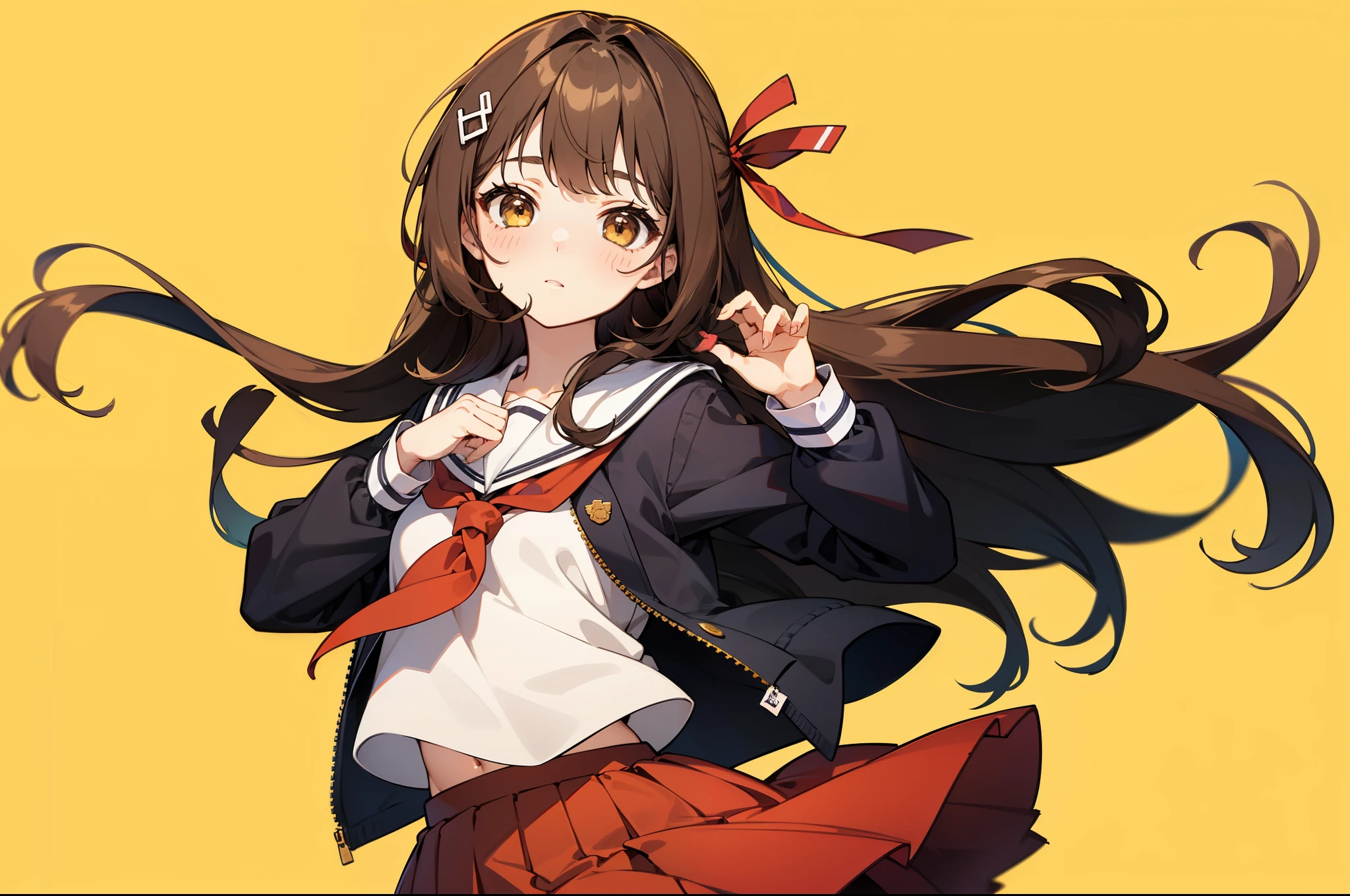1girl, rating:safe, solo, long_hair, blush, yellow_background, brown_hair, ribbon, looking_at_viewer, hair_ornament, brown_eyes, long_sleeves, skirt, bow, hair_ribbon, serafuku, bangs, school_uniform