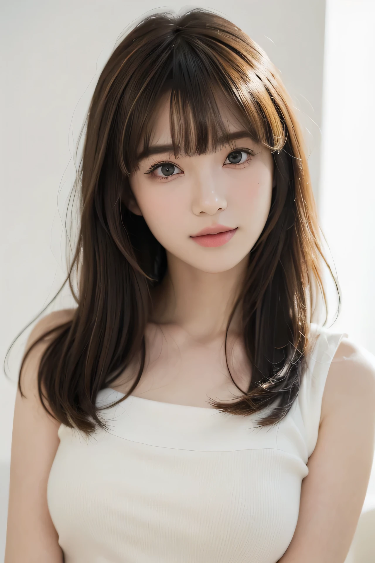 masutepiece, Best Quality, Illustration, Ultra-detailed, finely detail, hight resolution, 8K Wallpaper, Perfect dynamic composition, Beautiful detailed eyes, doress,Medium Hair, Big are visible, Natural Color Lip, Random and sexy poses,Smile,20 years girl