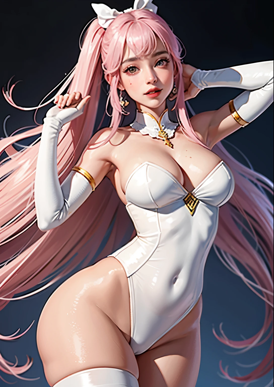 corpo sexy, pele branca semelhante a neve, pele fina e clara, cabelos no ombro brancos e encaracolados com uma franja contendo 1 mecha rosa de cabelo, corpo cheio de cursas, seios vantajosos e bicos arrebitados aparecendo, coxas grossas e curvas, meia 7/8 white with bows, boca rosada e boechechas vermelhas