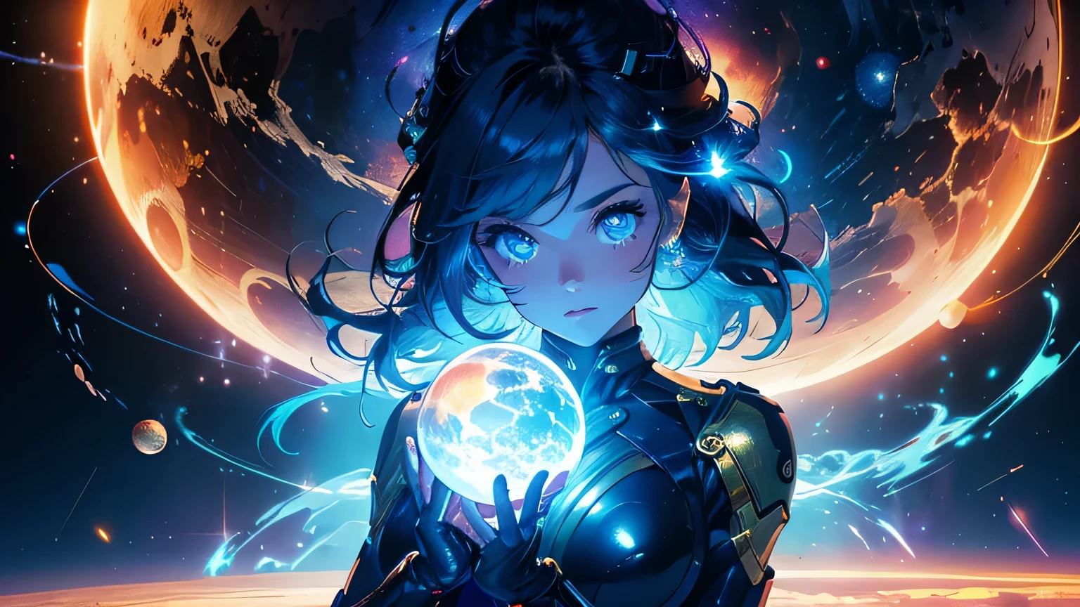 (masterpiece), best quality, a cute girl floating in the space holding a planet, ((holding)), sphere, ((glow, planet glow)), perfect face, expressive eyes, (blue Tight crop top gold leather suit), (Medium breast), (open half breast), , spiral galaxy, astronomy wallpaper, happy, colorful, exciting, gorgeous, blue giant star, cowboy shot, cosmic, cosmos 4k, shiny, perfect light, glowing sphere BREAK is a cute girl on space, she is holding a glwoing sphere with the two hands, she is wearing a white space suit, she has blue hair, red eyes, red giant star, sun like star, shine, BREAK vivid colors, bright,shiny, cool colors, dramatic lighting, artistic, creative, digital art, wallpaper, (glowing eyeagical, impossible, good vibes, good emotions, adventure, (solo, alone,1girl)\