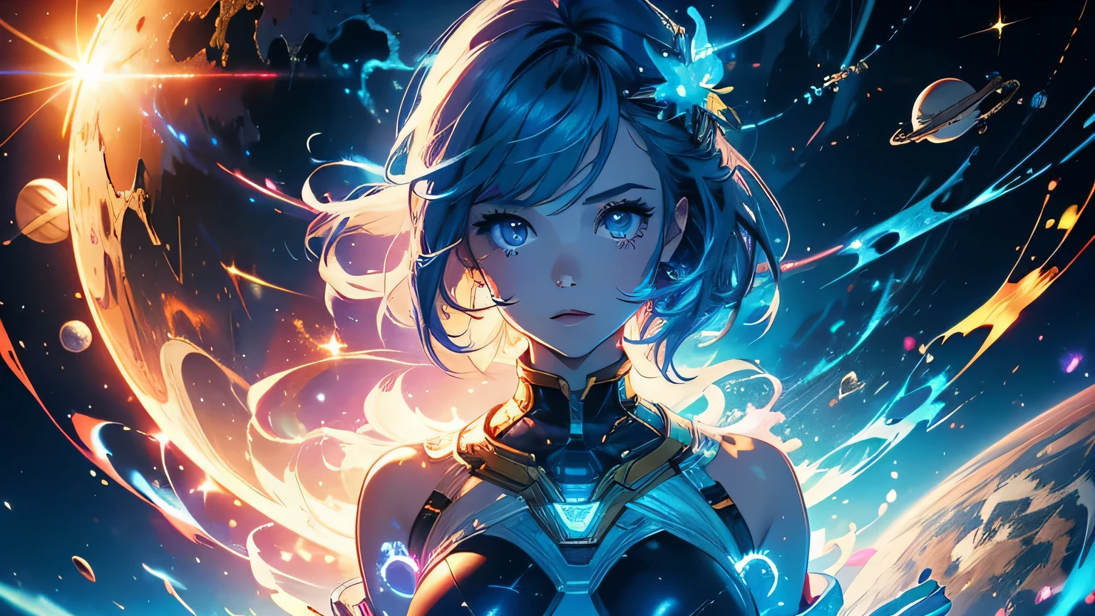 (masterpiece), best quality, a cute girl floating in the space holding a planet, ((holding)), sphere, ((glow, planet glow)), perfect face, expressive eyes, (blue Tight crop top gold leather suit), (Medium breast), (open half breast), , spiral galaxy, astronomy wallpaper, happy, colorful, exciting, gorgeous, blue giant star, cowboy shot, cosmic, cosmos 4k, shiny, perfect light, glowing sphere BREAK is a cute girl on space, she is holding a glwoing sphere with the two hands, she is wearing a white space suit, she has blue hair, red eyes, red giant star, sun like star, shine, BREAK vivid colors, bright,shiny, cool colors, dramatic lighting, artistic, creative, digital art, wallpaper, (glowing eyeagical, impossible, good vibes, good emotions, adventure, (solo, alone,1girl)\