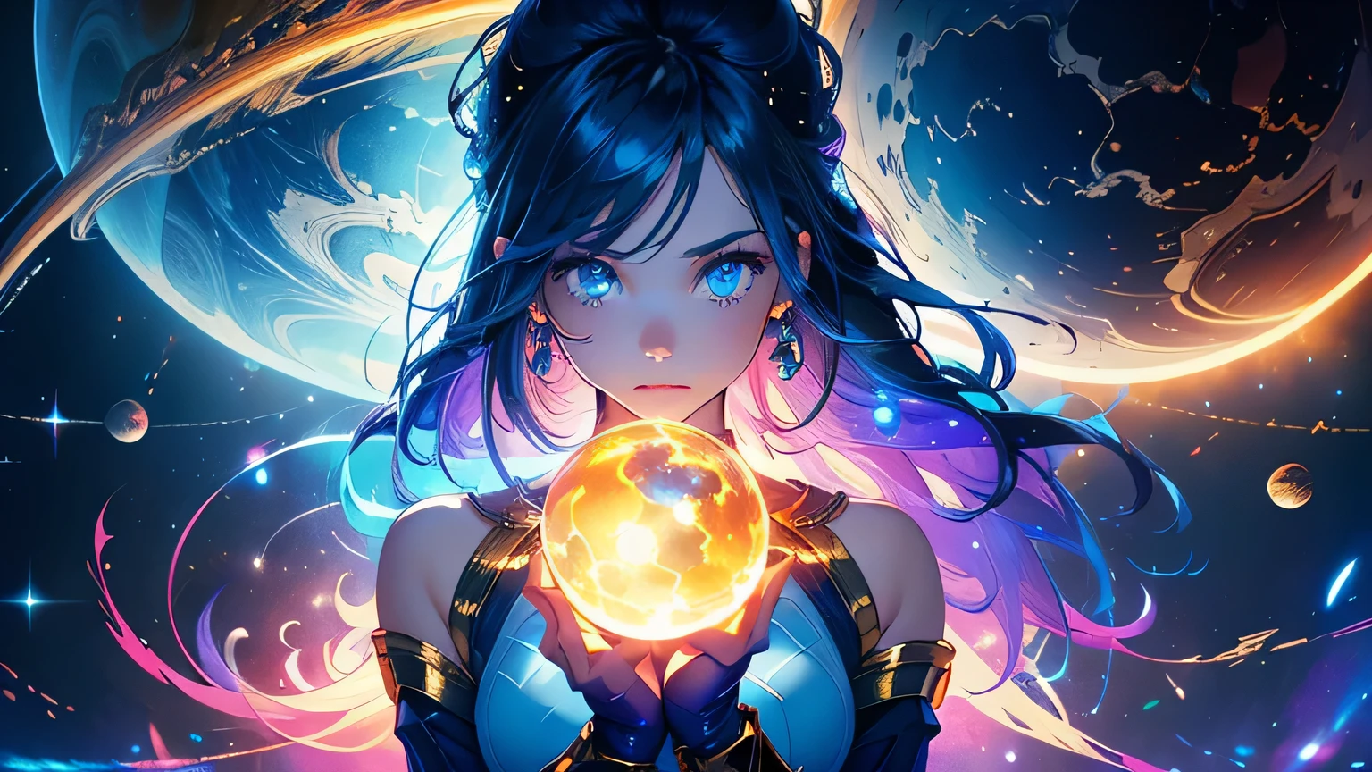 (masterpiece), best quality, a cute girl floating in the space holding a planet, ((holding)), sphere, ((glow, planet glow)), perfect face, expressive eyes, (blue Tight crop top gold leather suit), (Medium breast), (open half breast), , spiral galaxy, astronomy wallpaper, happy, colorful, exciting, gorgeous, blue giant star, cowboy shot, cosmic, cosmos 4k, shiny, perfect light, glowing sphere BREAK is a cute girl on space, she is holding a glwoing sphere with the two hands, she is wearing a white space suit, she has blue hair, red eyes, red giant star, sun like star, shine, BREAK vivid colors, bright,shiny, cool colors, dramatic lighting, artistic, creative, digital art, wallpaper, (glowing eyeagical, impossible, good vibes, good emotions, adventure, (solo, alone,1girl)\