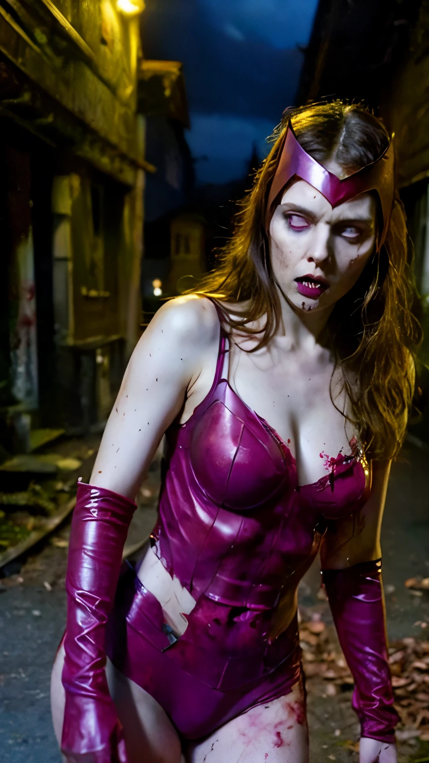 Cinematic, (masterpiece, best quality:1.2), ((RAW photo, Best quality)), (Realistic, photo-realistic:1.2) night, a hotting ((Scarlet Witch)) zombie, wearing a Classic outfit . (((white eyes))), in dynamic zombie pose, decomposition, Empty Eyes, Bites and Marks, Torn Clothes, Thirsty for Flesh, Slow and Clumsy Gait, Sharp Teeth, Blood and Viscera, Pale Skin, Disheveled Hair, Stiff Joints, Exposed Bones, Empty Expressions, Broken Nails, Unhealed Wounds, guttural noises, aggressive and cannibalistic behavior. Cinematic lighting. Horror concept, creppy, blood, (((dead eyes))) , (((pale white skin))) , angry. Destoyed city background. Cinematic lighting