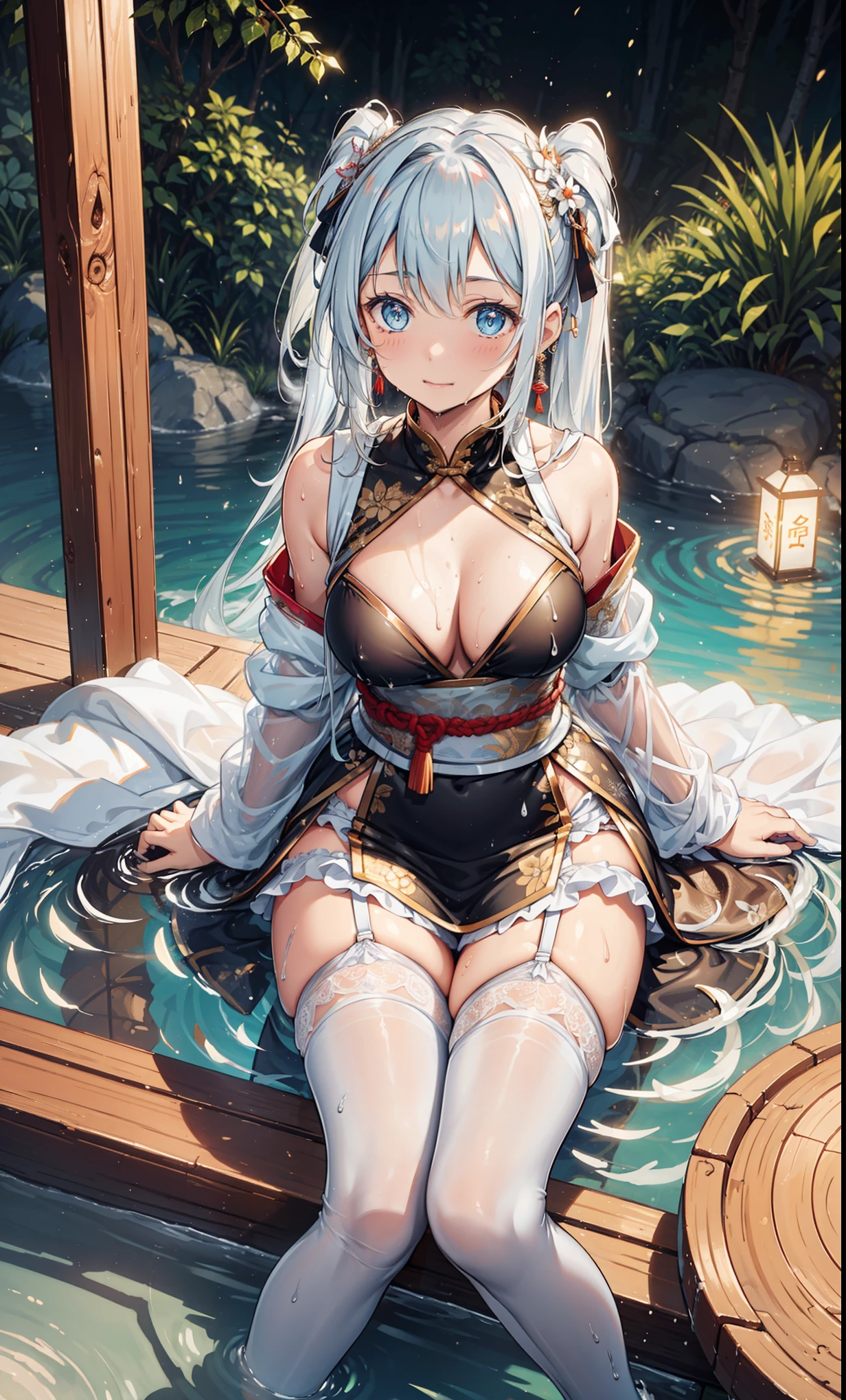 top quality,best resolution,(soaking wet的白色长旗袍),Super detailed, She has a white twin tail,20-year-old young girl,charm,Design intricate clothes,blue eyes,she has earrings, wealth,gorgeous,Vision, Vision,Elegant and charming,Mildly curvy figure,((White transparent garter stockings)),((soaking wet,Soak in ancient Chinese hot springs,In the water)),night,little lighting,charm的姿势