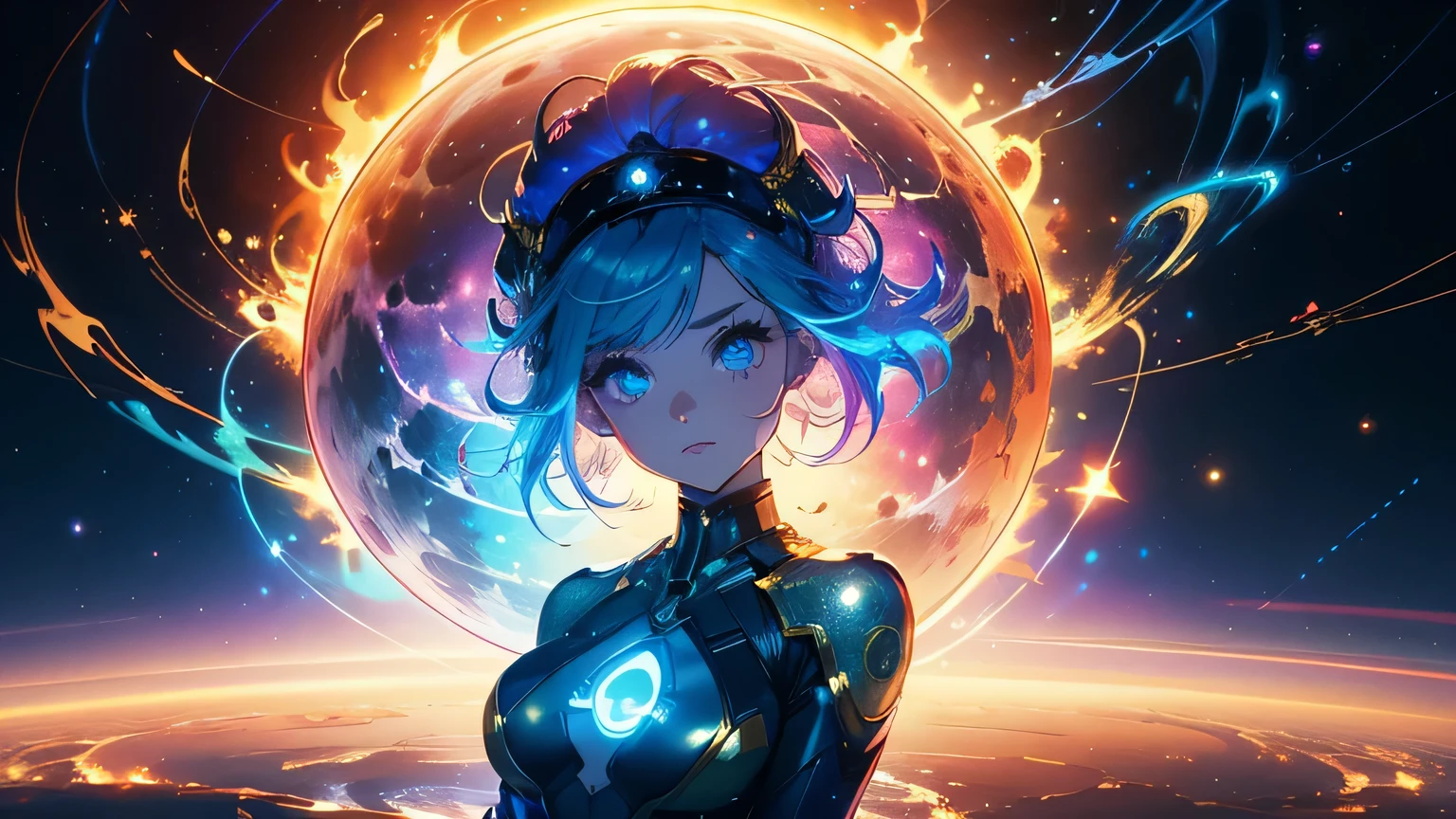 (masterpiece), best quality, a cute girl floating in the space holding a planet, ((holding)), sphere, ((glow, planet glow)), perfect face, expressive eyes, (blue Tight crop top gold leather suit), (big breast), (open half breast), , spiral galaxy, astronomy wallpaper, happy, colorful, exciting, gorgeous, blue giant star, cowboy shot, cosmic, cosmos 4k, shiny, perfect light, glowing sphere BREAK is a cute girl on space, she is holding a glwoing sphere with the two hands, she is wearing a white space suit, she has blue hair, red eyes, red giant star, sun like star, shine, BREAK vivid colors, bright,shiny, cool colors, dramatic lighting, artistic, creative, digital art, wallpaper, (glowing eyeagical, impossible, good vibes, good emotions, adventure, (solo, alone,1girl)\