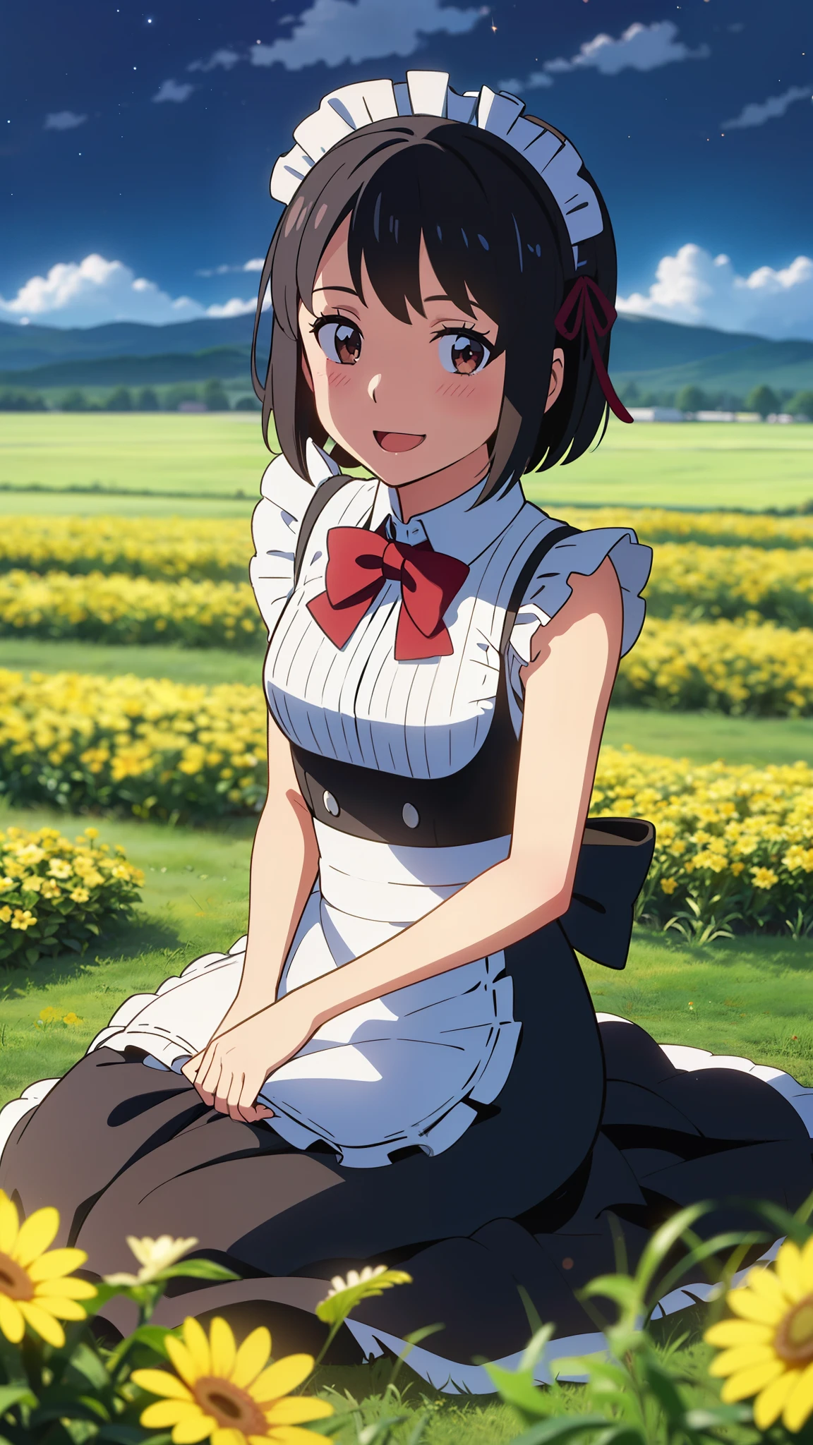 shinkai makoto, kimi no na wa., 1girl, bangs, black hair, blush, brown eyes, shiny skin, ((girl wear maid dress, short dress, short skirt, maid headdress)), Off-the-shoulders, red bow, red ribbon, short hair, smile, cute, solo, happy, open mouth, looking at viewer, flower field, Sit on grass, night, night sky, cloudy, dynamic lights