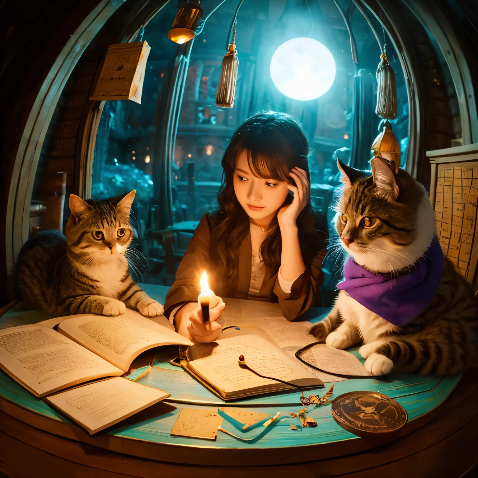 Draw a cat learning magic。with wizards and other creatures、Expressing how to chant magic and learn magic circles。