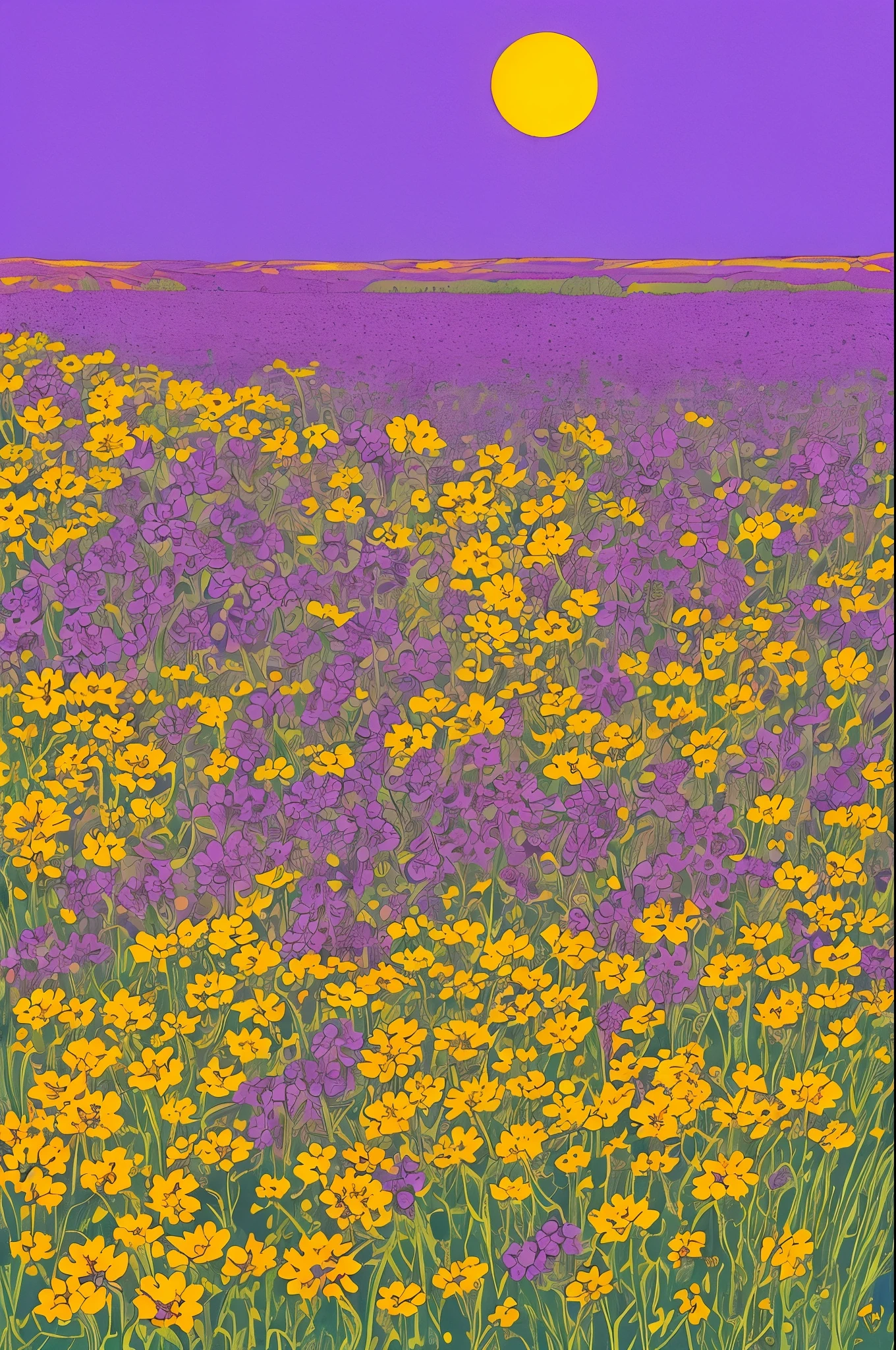 purple flowers in a field with a yellow sun in the background, a gouache by Kishi Ganku, Artstation, conceptual art, jen bartel, brittney lee, kilian eng vibrant colours, kilian eng vibrant colors, plants growing on it. gouache, luminescent plants, ilya kuvshinov landscape, detailed beautiful plants, blue and purple plants