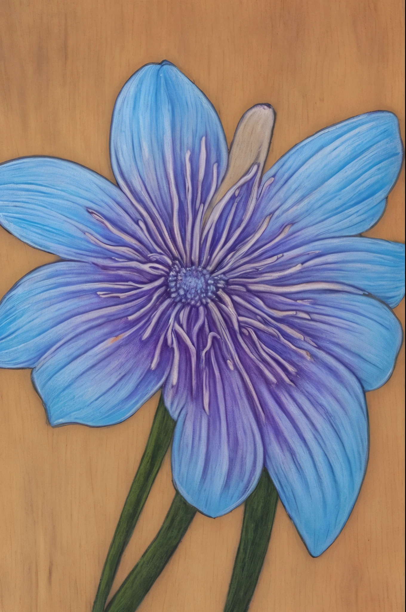 a close up of a flower on a stick on a wooden table, a pastel by Charles Billich, tumblr, art nouveau, beautiful!!!!!!!!!, blue purple aqua colors, beautiful detail and color, detailed!!!!!!!, blue and purple, purple and blue, purple and blue colored, brilliantly colored, gorgeous colors, brilliantly coloured, beautifully painted, beautiful flower, beautiful design