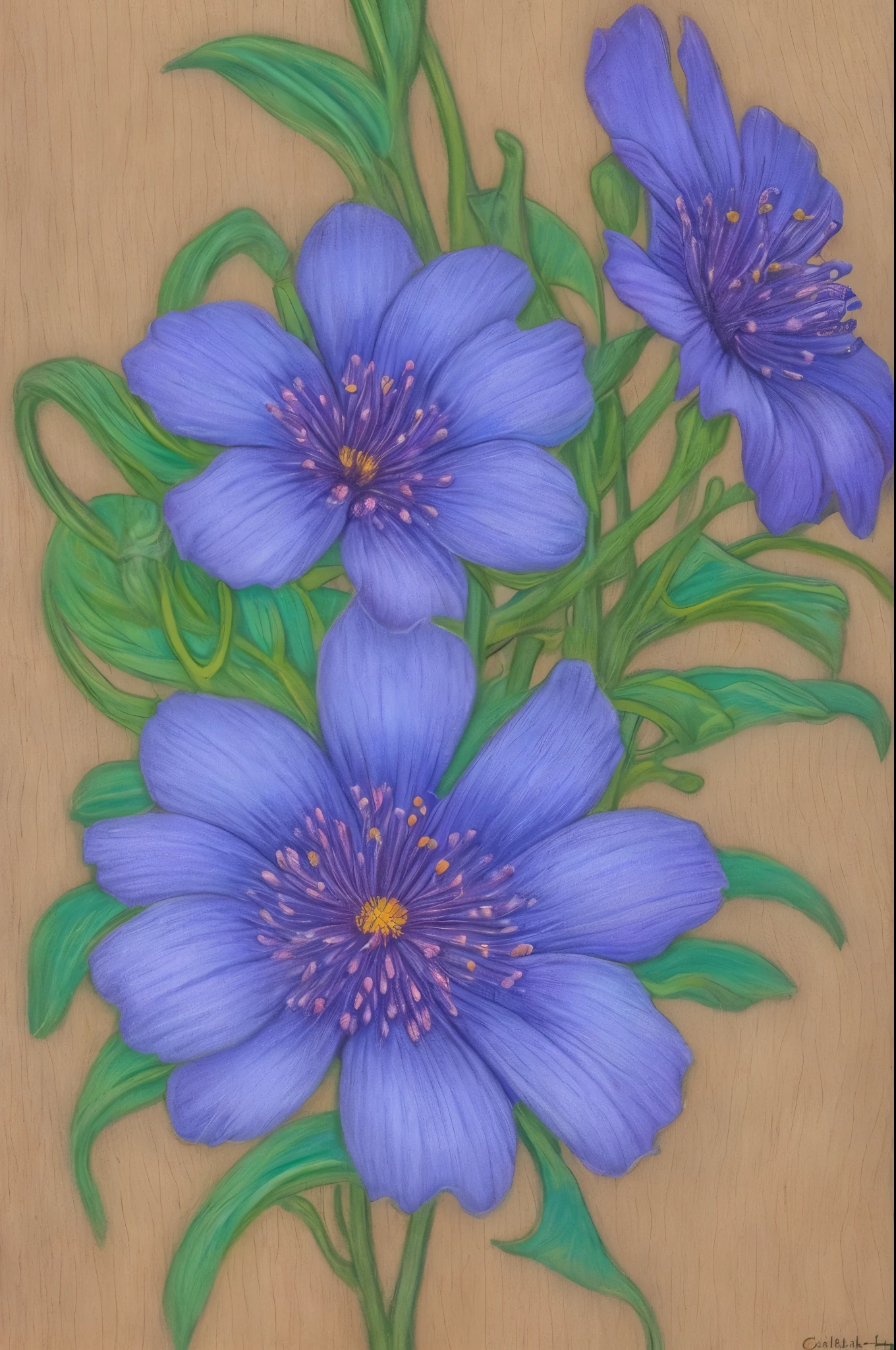 a close up of a flower on a stick on a wooden table, a pastel by Charles Billich, tumblr, art nouveau, beautiful!!!!!!!!!, blue purple aqua colors, beautiful detail and color, detailed!!!!!!!, blue and purple, purple and blue, purple and blue colored, brilliantly colored, gorgeous colors, brilliantly coloured, beautifully painted, beautiful flower, beautiful design