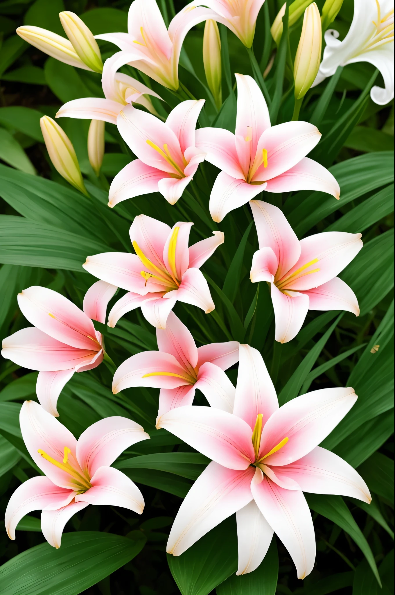 there are many pink and white flowers in the garden, lillies, lilies, lily, lily flowers, big lilies, incredibly beautiful, beautiful!!!!!!!!!, lily flower, by Charles Billich, pink white and green, by Leonard Bahr, light pink tonalities, large exotic flowers, lily petals, unbelievably beautiful, amazing beauty, by Jim Nelson, by Jan Rustem