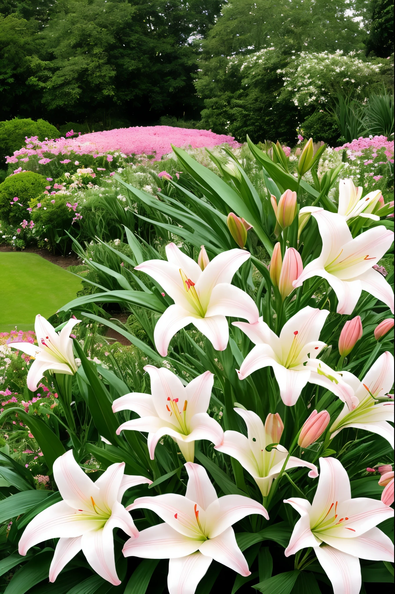 there are many pink and white flowers in the garden, lillies, lilies, lily, lily flowers, big lilies, incredibly beautiful, beautiful!!!!!!!!!, lily flower, by Charles Billich, pink white and green, by Leonard Bahr, light pink tonalities, large exotic flowers, lily petals, unbelievably beautiful, amazing beauty, by Jim Nelson, by Jan Rustem