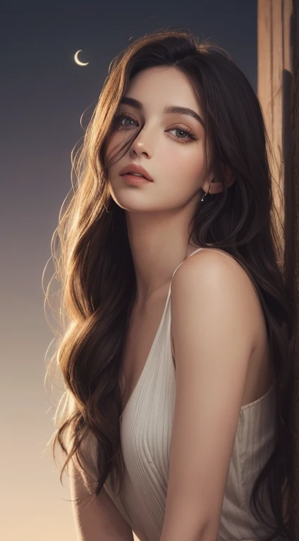 one eyebrow，Natural Color，Apricot eyes，Tall nose bridge，moon lips，Long whit hair，Dark contrast，Raised sexy