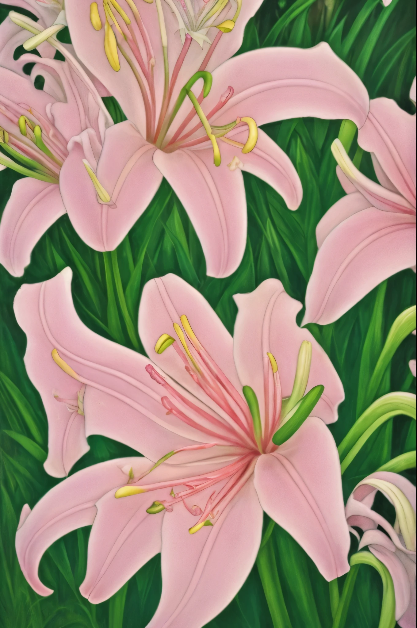 there are many pink and white flowers in the garden, lillies, lilies, lily, lily flowers, big lilies, incredibly beautiful, beautiful!!!!!!!!!, lily flower, by Charles Billich, pink white and green, by Leonard Bahr, light pink tonalities, large exotic flowers, lily petals, unbelievably beautiful, amazing beauty, by Jim Nelson, by Jan Rustem