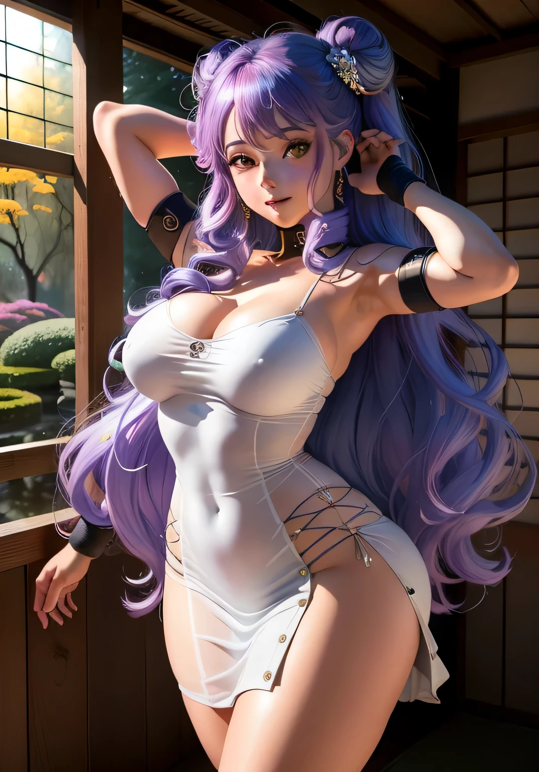 (shampoowaifu: 1), lindo, sonrisa, pose casual, cabello lila, provocativa,ojos desafiantes, ojos brillantes, traje corto chino, vestido, tight dress, see thru,
(realista: 1.2), (realismo), (obra maestra: 1.2), (mejor calidad), (ultra detallado), (8k, 4k, intrincado), (disparo de cuerpo completo: 1), (85 mm), light particuleuy detallado: 1.2), (cara detallada: 1.2), (degradados), ojos lila coloridos y detallados
(Japanese Garden House)(fondo detallado), (Angle Dynamic: 1.2), (dynamic pose: 1.2),