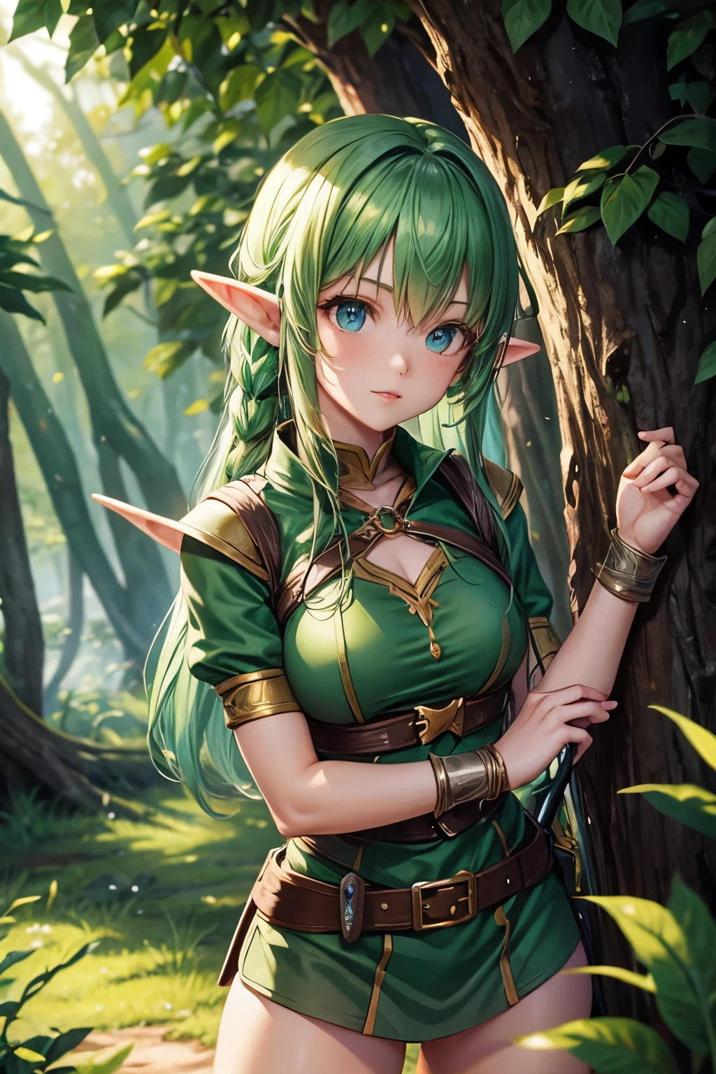(obra de arte), melhor qualidade, olhos expressivos, rosto perfeito, duas garotas aventureiras, ( 1 garota, orelhas de elfo, cabelo loiro, olhos verdes, vestido verde, joia, magic user), ( 2 garota, orelhas de elfo, cabelo laranja, olhos castanhos, armadura de couro, lutador) , magical forest background