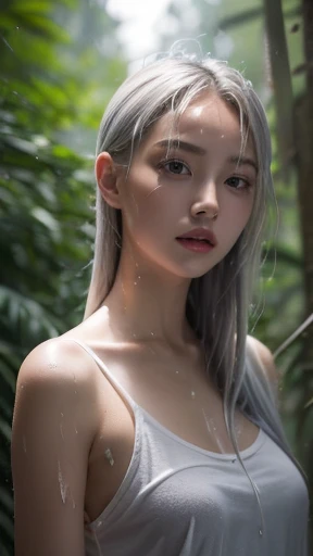 A young woman with sharp eyes and silver hair was not wearing any clothes, her body was wet, the sky was dark, it was raining in the forest, there were many trees.