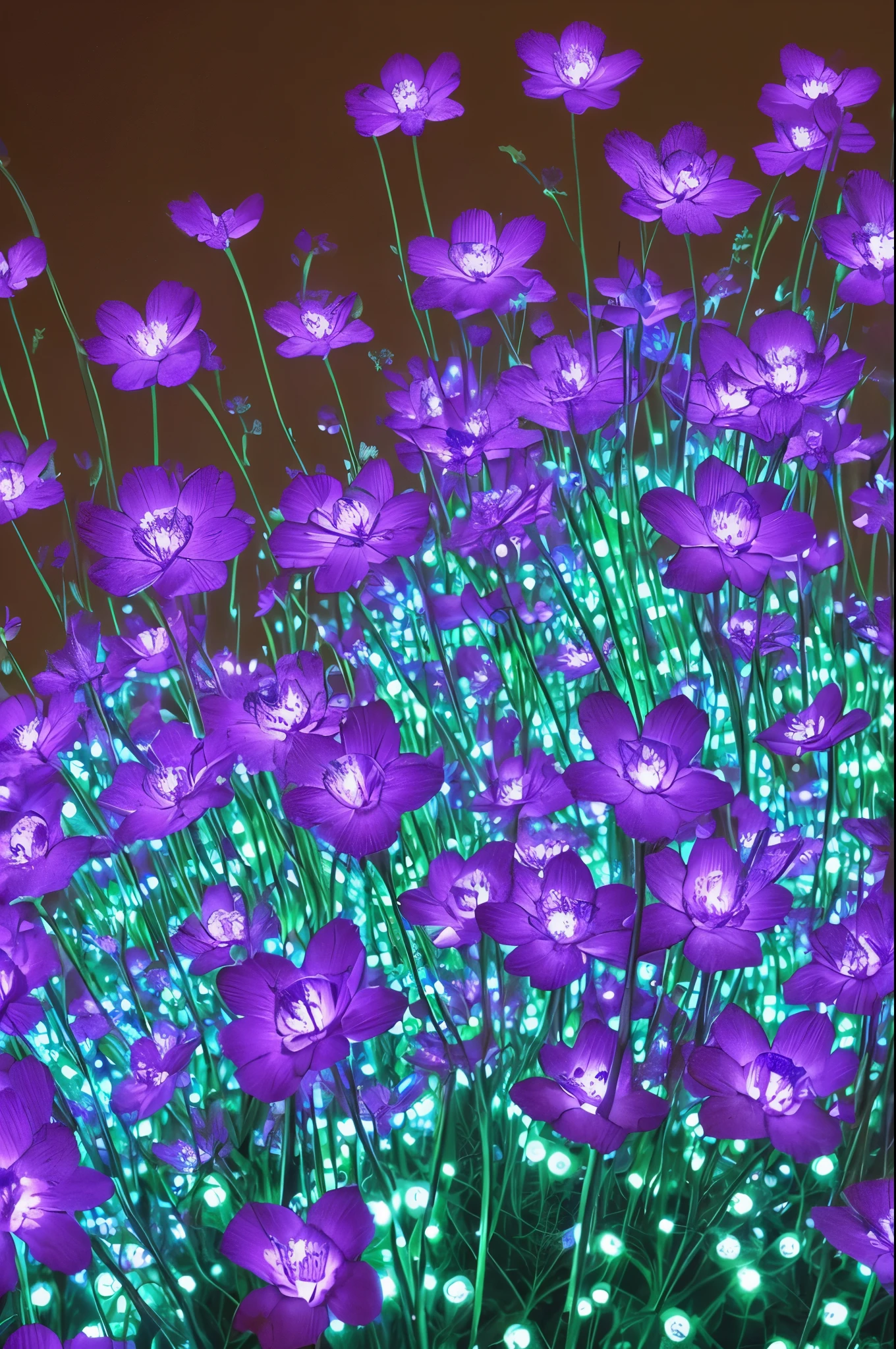 purple flowers with blue lights in the dark, digital art by Bruce Munro, flickr, digital art, glowing flowers, luminous flowers, bioluminescent plants, with glowing blue lights, glowing neon flowers, bioluminescent cyber - garden, luminescent plants, glowing blue, lights with bloom, glowing plants, beautiful blue lights