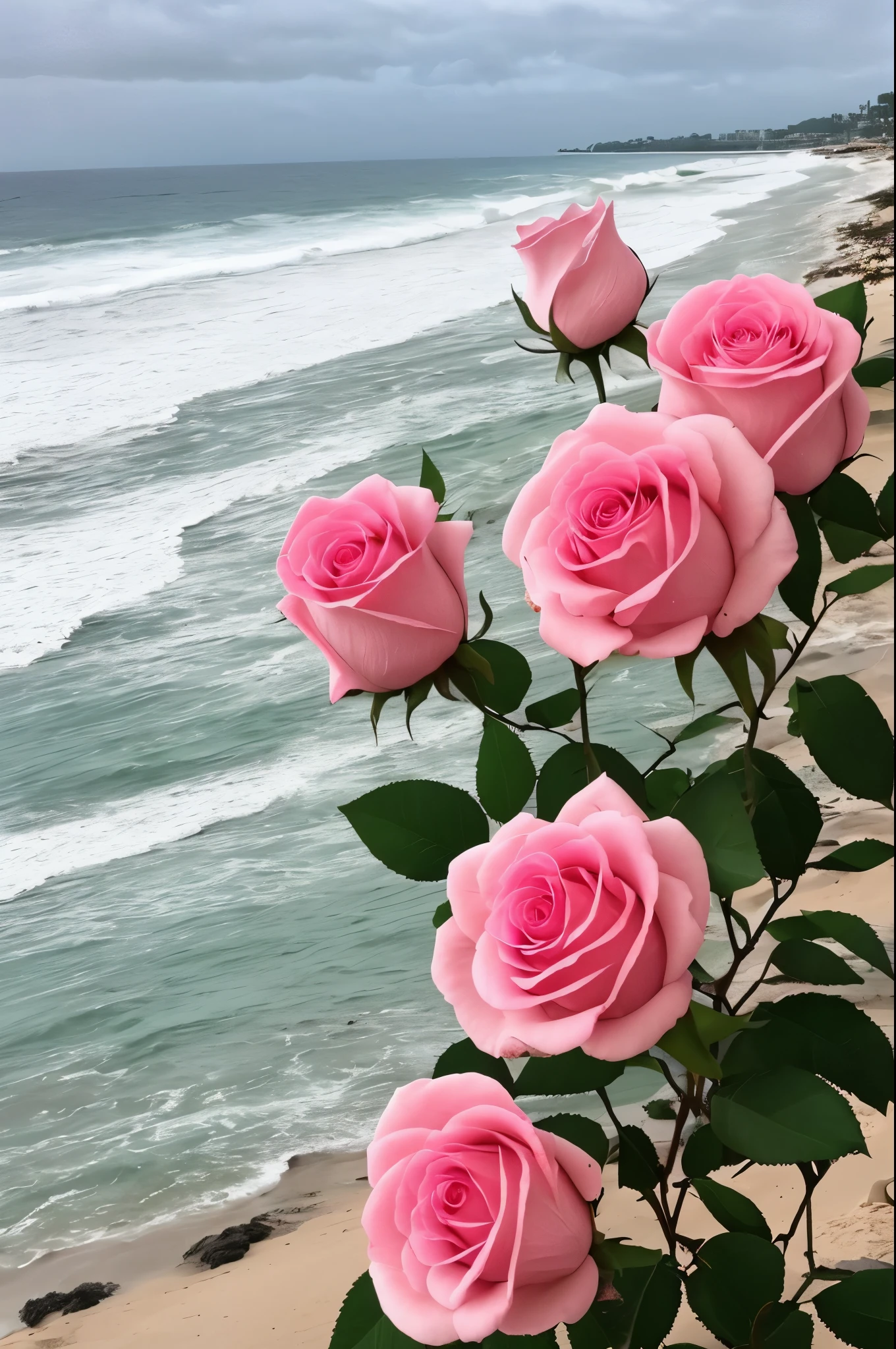 pink roses are growing on the beach near the ocean, flowers sea everywhere, beautiful and aesthetic, beautiful dreamy breathtaking, dreamy and romantic, an aesthetic field of flowers, flowers sea rainning everywhere, beautiful aesthetic, 🌺 cgsociety, dreamy aesthetic, looking out at a pink ocean, beach aesthetic, pink hues, rosses, heaven pink, asthetic, flowers!!!!