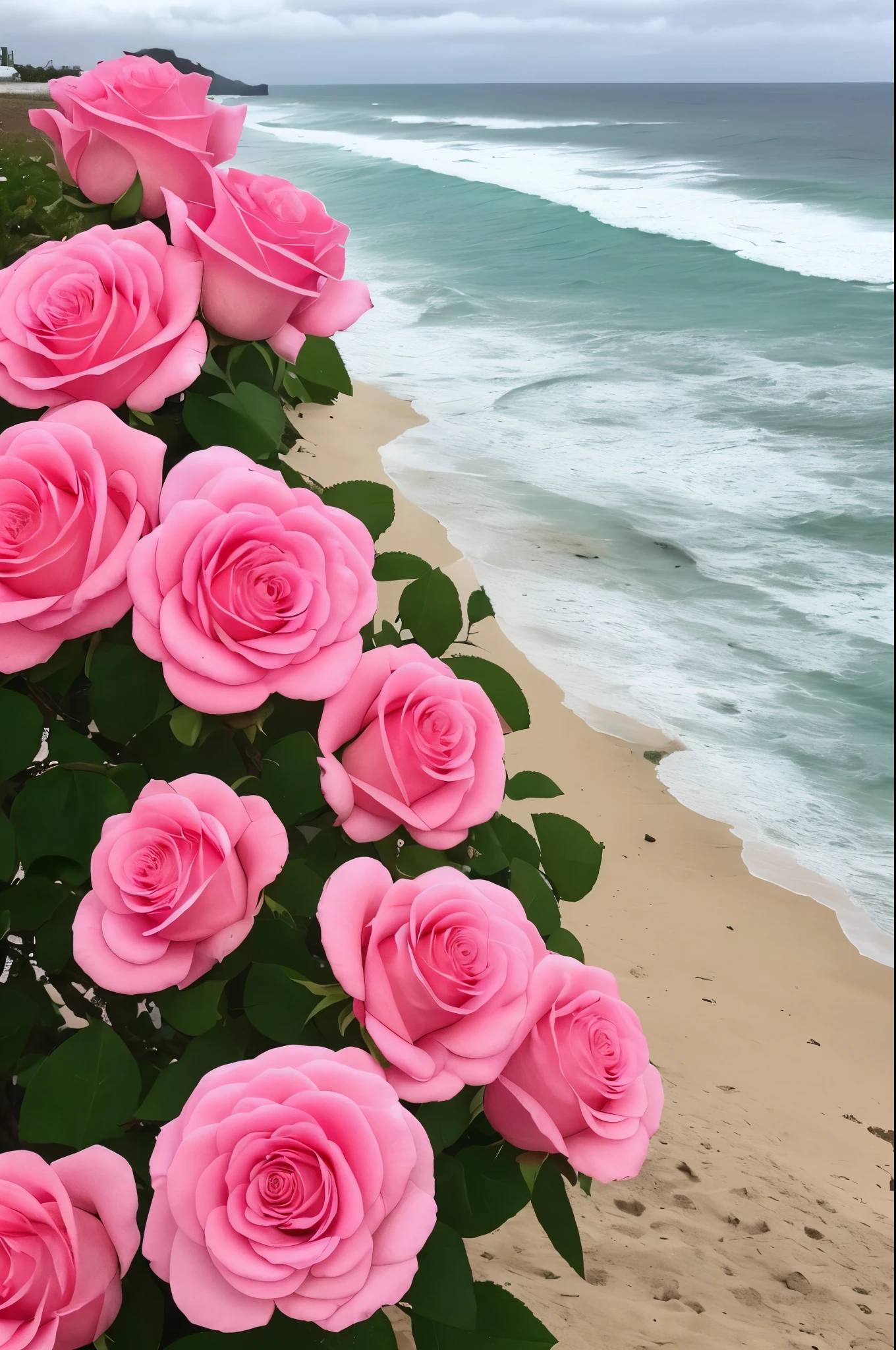 pink roses are growing on the beach near the ocean, flowers sea everywhere, beautiful and aesthetic, beautiful dreamy breathtaking, dreamy and romantic, an aesthetic field of flowers, flowers sea rainning everywhere, beautiful aesthetic, 🌺 cgsociety, dreamy aesthetic, looking out at a pink ocean, beach aesthetic, pink hues, rosses, heaven pink, asthetic, flowers!!!!
