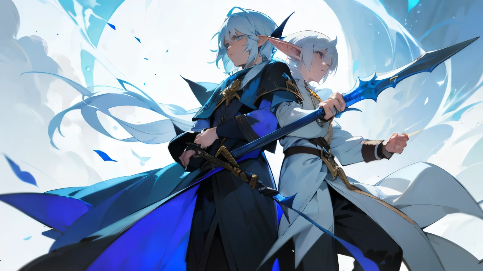 Freireen the white-haired elf mage and the blue-haired Hilmel male hero. Went into battle with the Demon Lord.
