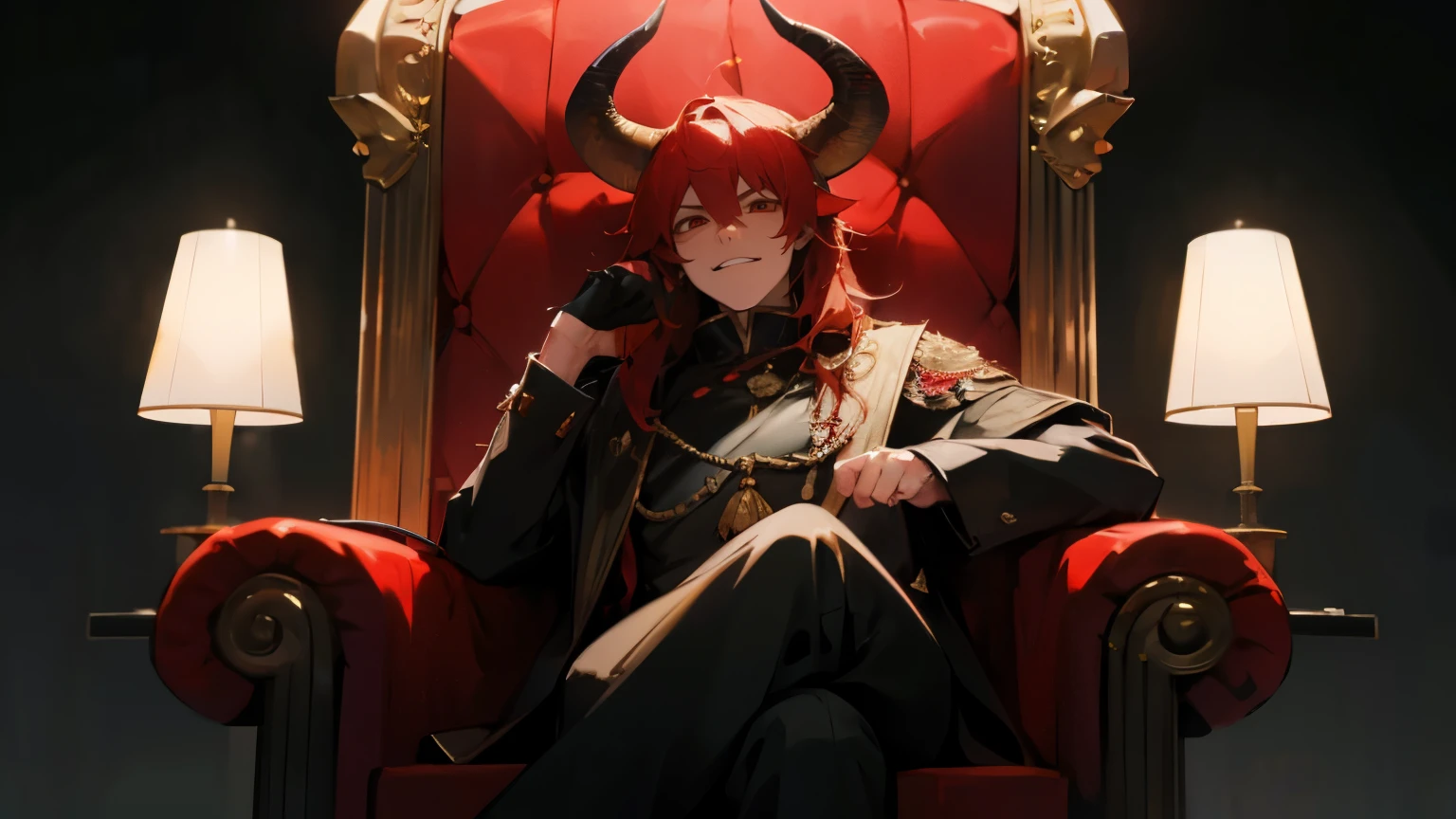 Looking towards the Demon Lord's throne, a man with red hair and cow horns
