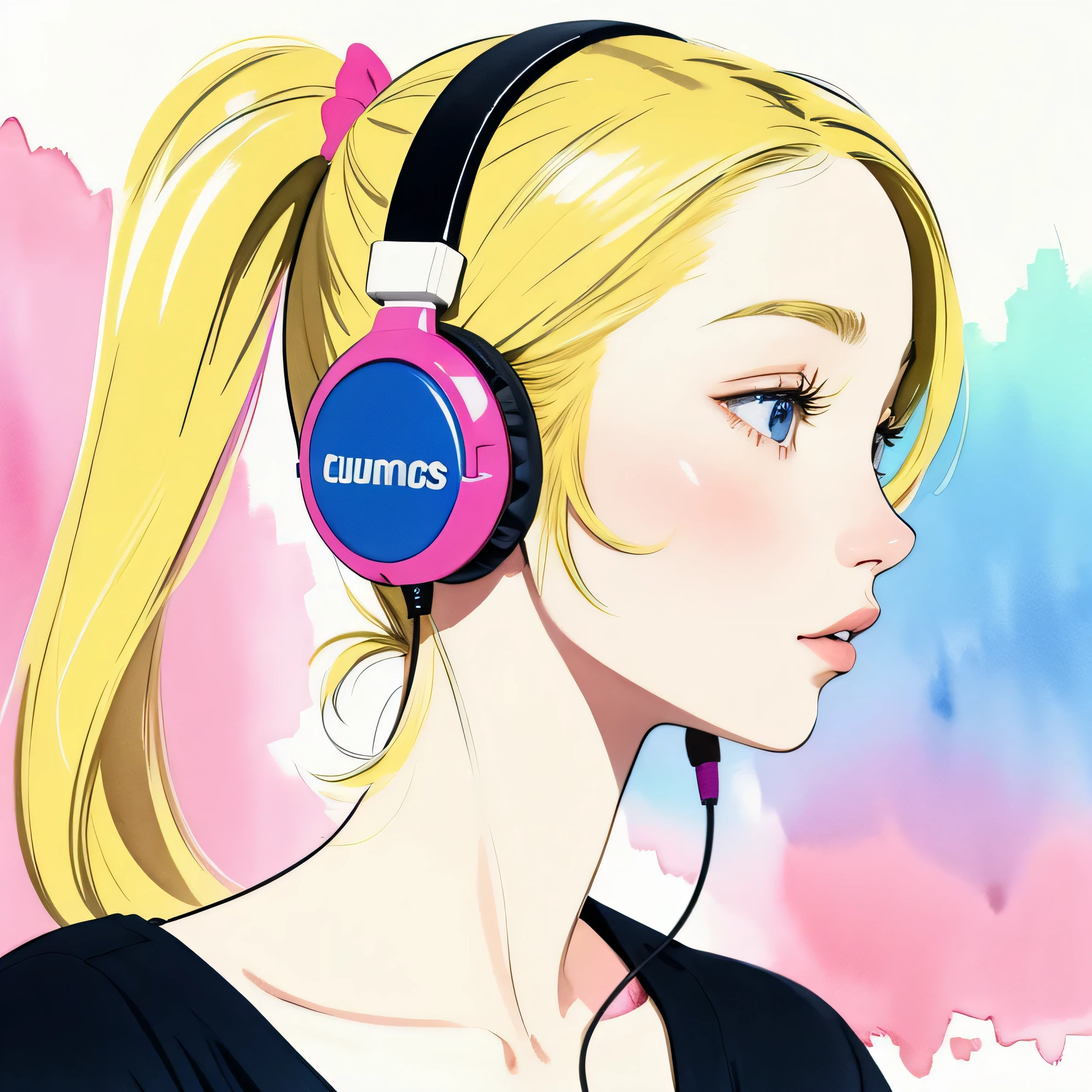 close up of face、colorful、headphones、watercolor、blonde、twin tails、I'm 11 years old、profile、Upper body、underwear