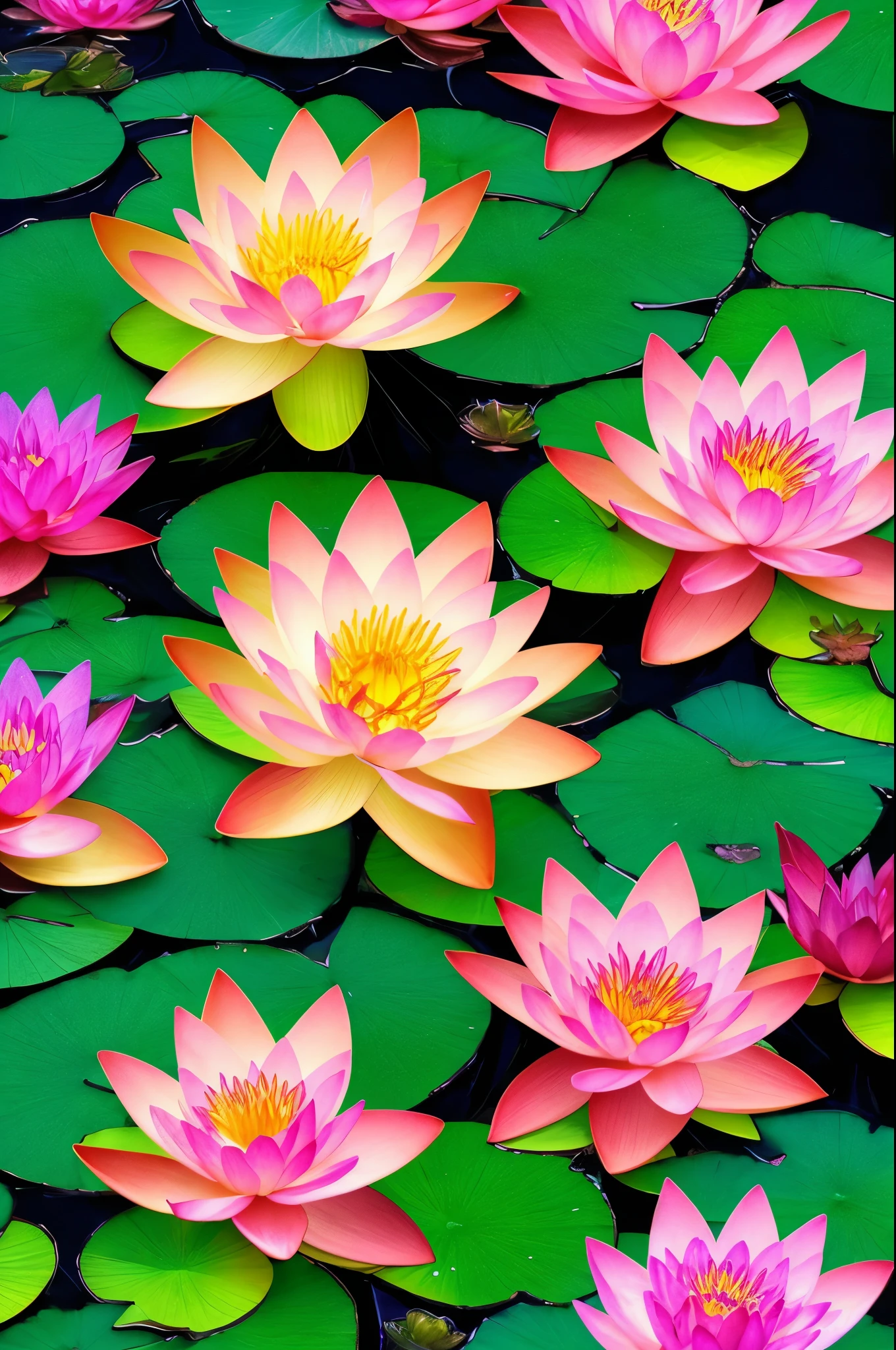 a close up of a flower with many petals on a body of water, glowing delicate flower, colorful alien flora, 🌺 cgsociety, waterlily mecha nymphaea, beautiful!!! digital art, glowing neon flowers, lotus flower, alien flower, glowing flowers, ethereal!!! ultra realistic, with lotus flowers, magical colorful flowers, beautiful lit, beautiful!!!!!!!!!