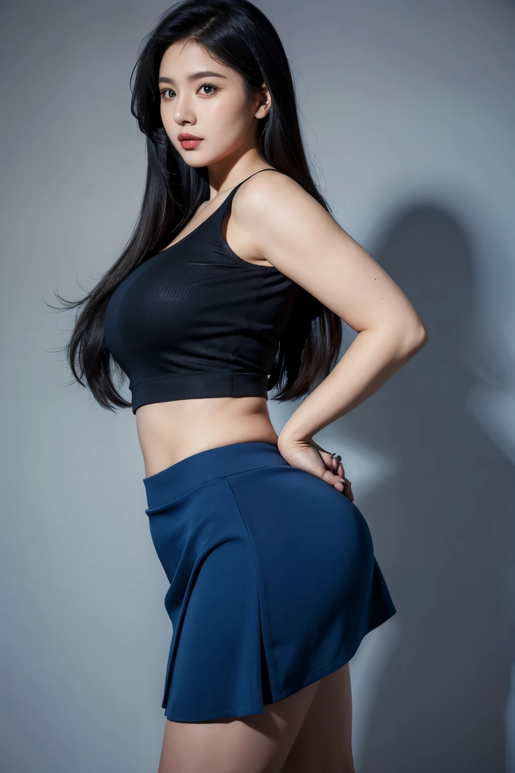 A woman posing for a photo, blue skirt,curvy arms, long hair, black hair, have, incredibly beautiful, strong posture, very beautiful