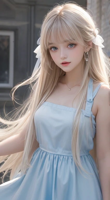 portlate、Alice in Wonderland、Blue sky、Bright and very beautiful face、Young shiny shiny white shiny skin、Best Looks、Platinum blonde hair with dazzling highlights、finer hair、beautiful long back hair that is very straight,,,,,,,,、Super long silky straight hair、Beautiful bangs that shine、Glowing crystal clear big blue eyes、Very beautiful lovely 16 year old beautiful girl、White Apron、Blue Dress