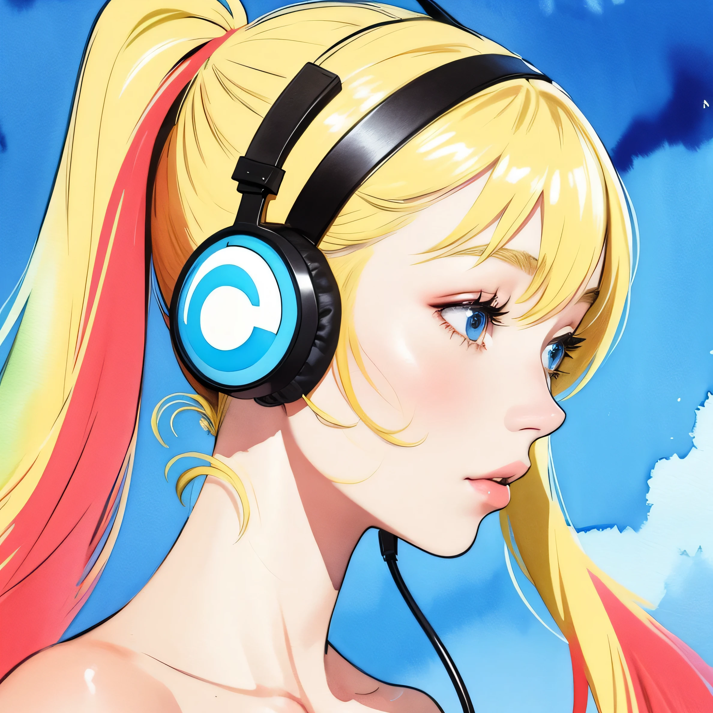 close up of face、colorful、headphones、watercolor、blonde、twin tails、I&#39;m 11 years old、profile、Upper body、naked