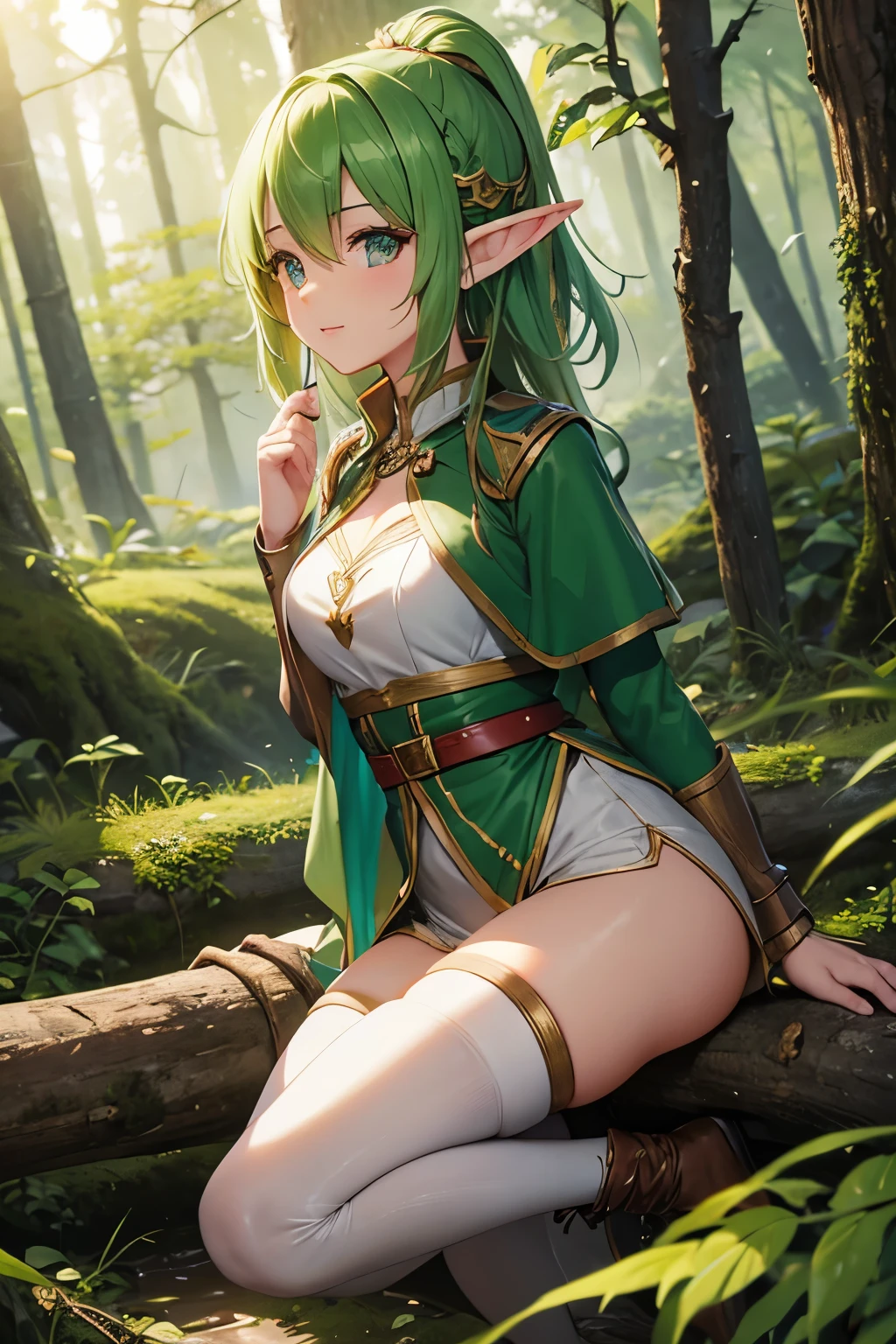 highelfarcher, high elf archer, elf, (Green eyes:1.5), Green hair, hair between eye, Long hair, pointy ear, side lock rat chest:1.2),
green kimono，a miniskirt，Black socks up to the calf，ショートブーツ
BREAK looking at viewer,
BREAK outdoors, Nature, forest,
BREAK (masutepiece:1.2), Best Quality, High resolution, Unity 8k壁纸, (Illustration:0.8), (Beautiful detailed eyes:1.6), extra detailed face, Perfect Lighting, extremely details CG, (Perfect hands, Perfect Anatomy),medieval europe streets