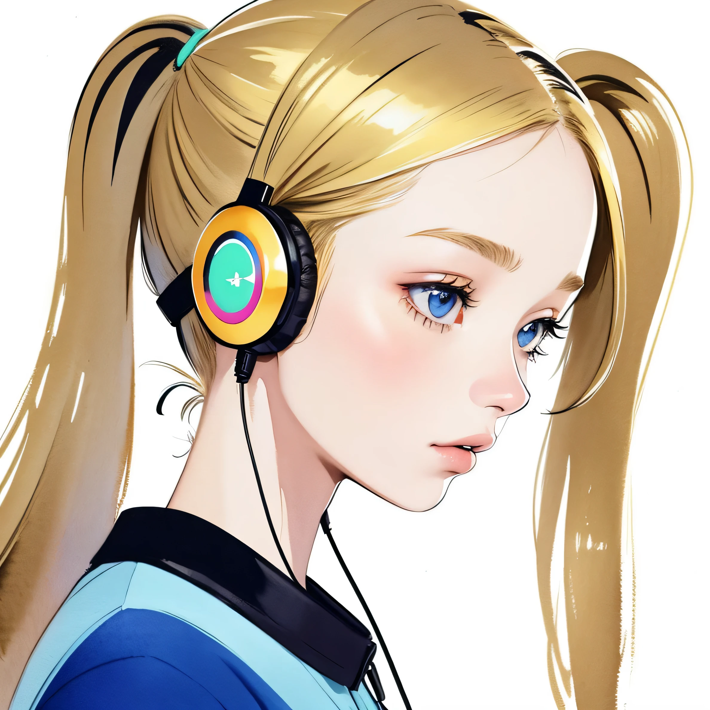 close up of face、colorful、headphones、watercolor、blonde、twin tails、I&#39;m 、profile、Upper body、naked