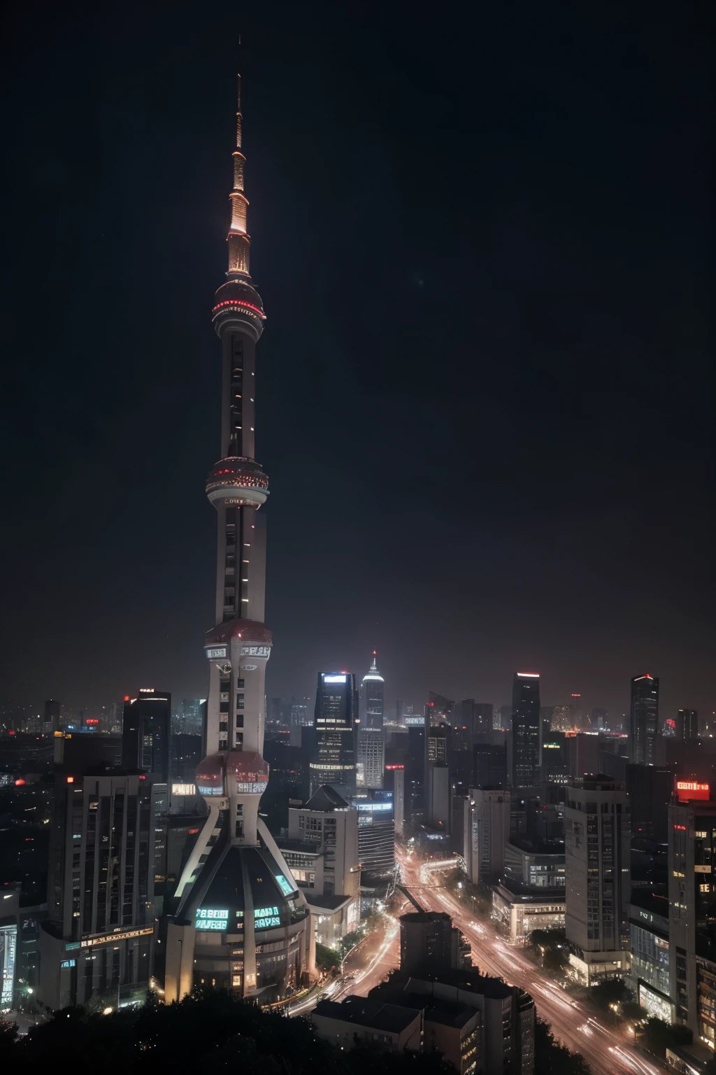 ((best quality)), ((masterpiece)), (detailed), Perfect face Shanghai city skyline at night,High-rise buildings are brightly lit,Symbolizing the struggle and prosperity of young people。