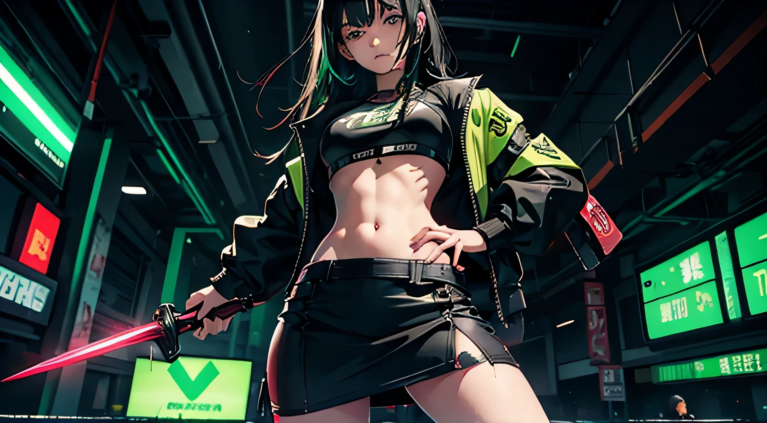 1 girl, solo, long_hair, bangs_between_the_eyes black_hair_with_strands_green, bi_color_ green_neon eyes, sexy_face, HOLDING IN HIS HANDS A SWORD STICKED INTO THE GROUND, cyberpunk_clothes, short_jacket, navel appears, short_skirt, scarred_legs, left_arm_band, tattoo_above_navel_background_of_abandoned_AIRPORT_red, manga_style_image .