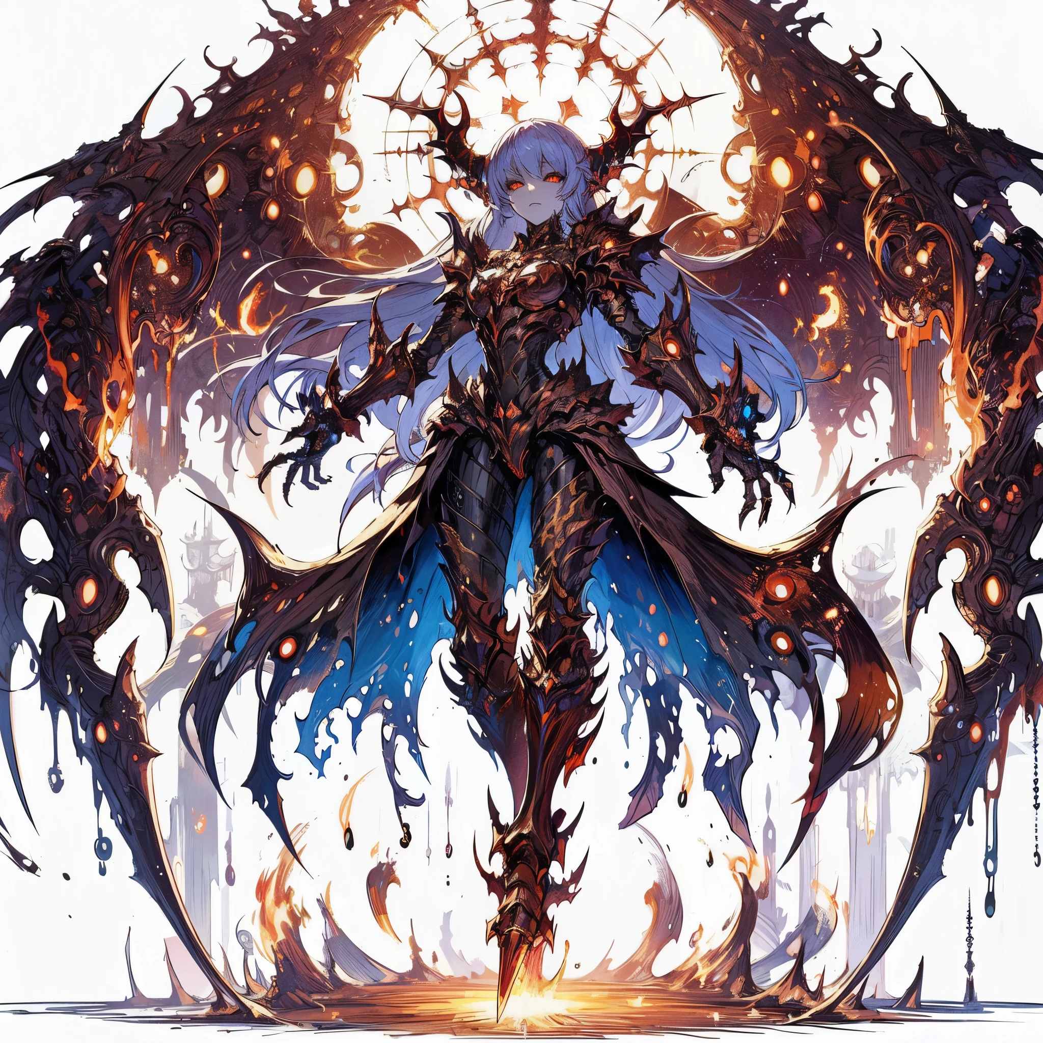 Close-up of a demonic creature with fire and flames, Glamorous Supreme Demon Overlord, Demon Souls concept art, symmetrical epic fantasy art, Armor that evokes flames, Demon King, shadowverse style, good quality hell art, anime fantasy artwork, epic anime artwork, Armor inspired by a demonic dragon, Epic fantasy art style HD
