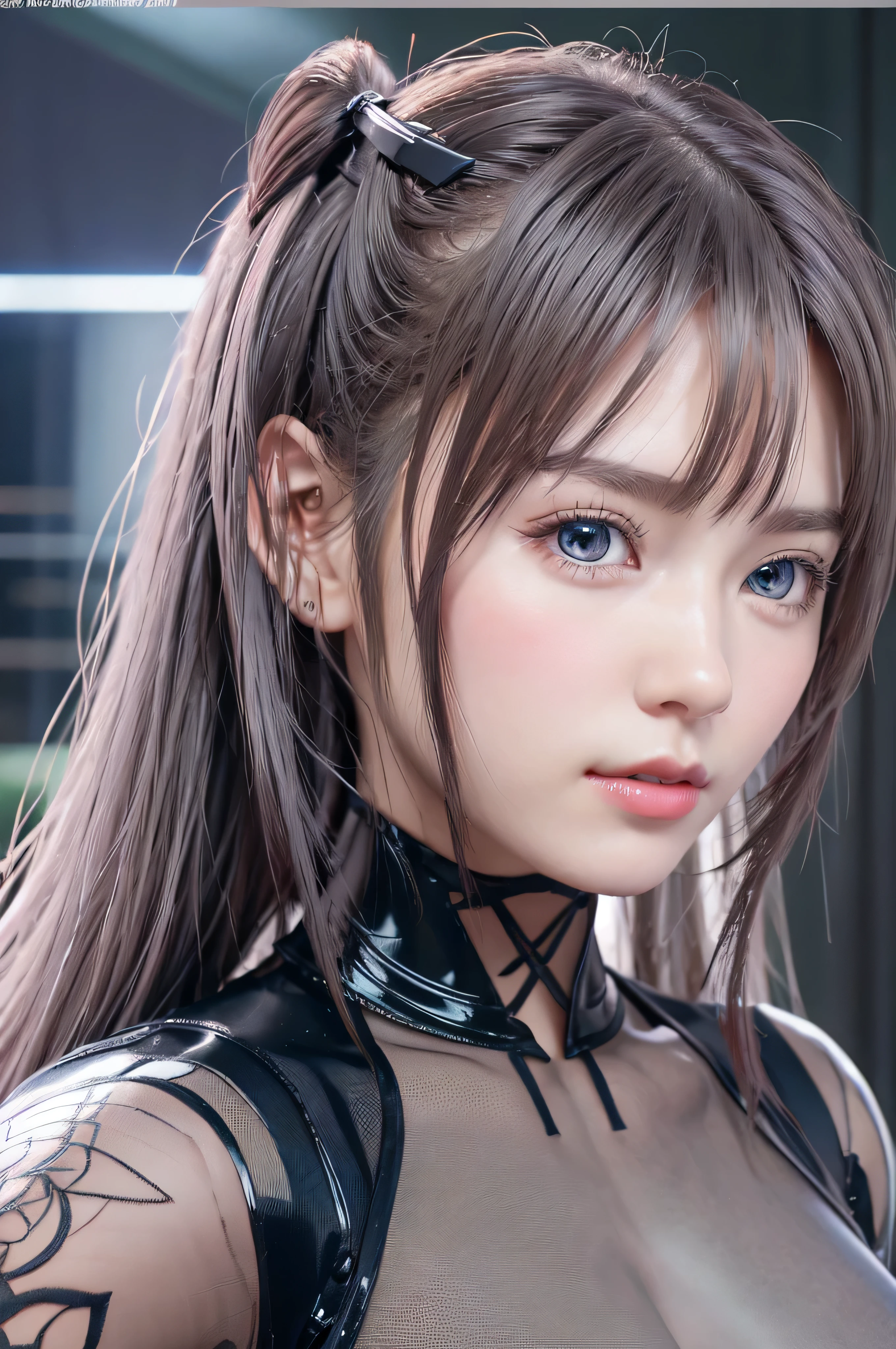 highest quality、8K masterpiece、超A high resolution、(Photoreal:1.3)、RAW photo、1 girl、silver hair、(braided twin tails)、glowing skin、1 Super Beautiful College Girl、((Ultra realistic details))、cowboy shot、global illumination、Shadow、octane rendering、8k、super sharp、very intricate details、realistic light、Trends in CG society、beautiful eyes、blue shining eyes、towards the camera、(medium size bust:1.4)、headset、(((Transparent Tight Bodysuit:1.4)))、headset、cyberpunk interior,
