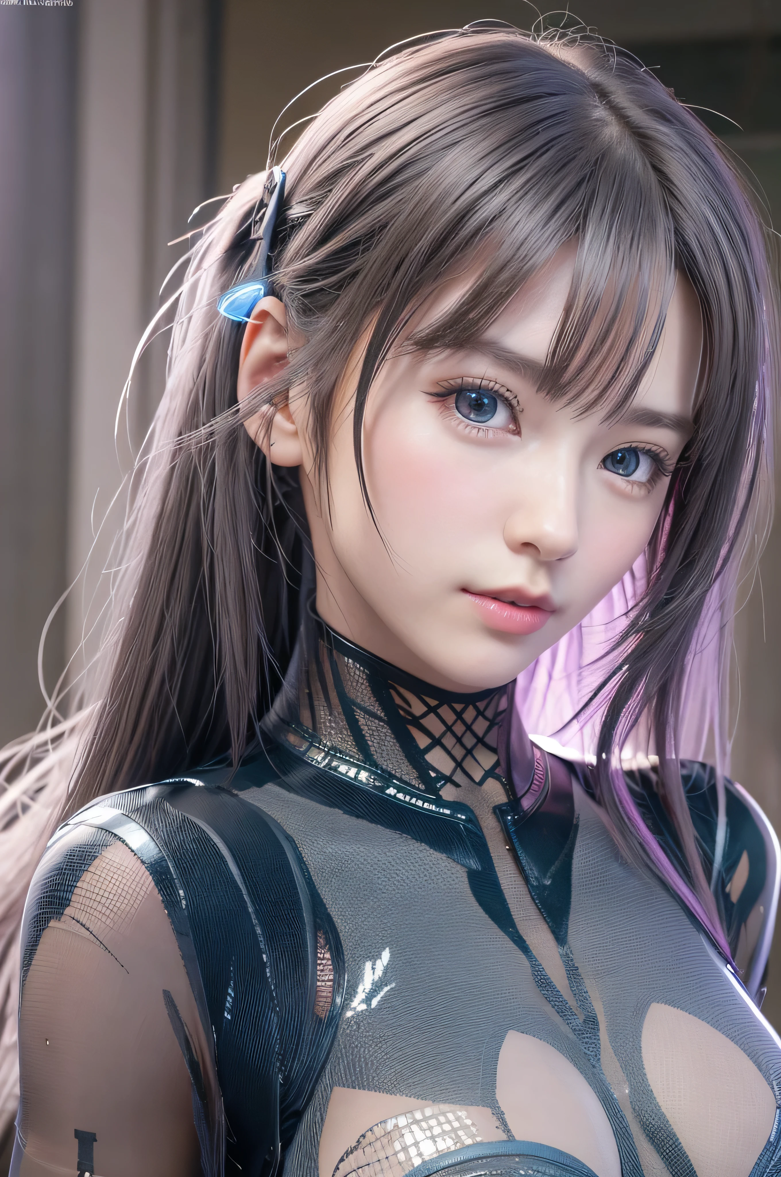 highest quality、8K masterpiece、超A high resolution、(Photoreal:1.3)、RAW photo、1 girl、silver hair、(braided twin tails)、glowing skin、1 Super Beautiful College Girl、((Ultra realistic details))、cowboy shot、global illumination、Shadow、octane rendering、8k、super sharp、very intricate details、realistic light、Trends in CG society、beautiful eyes、blue shining eyes、towards the camera、(medium size bust:1.4)、headset、(((Transparent Tight Bodysuit:1.4)))、headset、cyberpunk interior,
