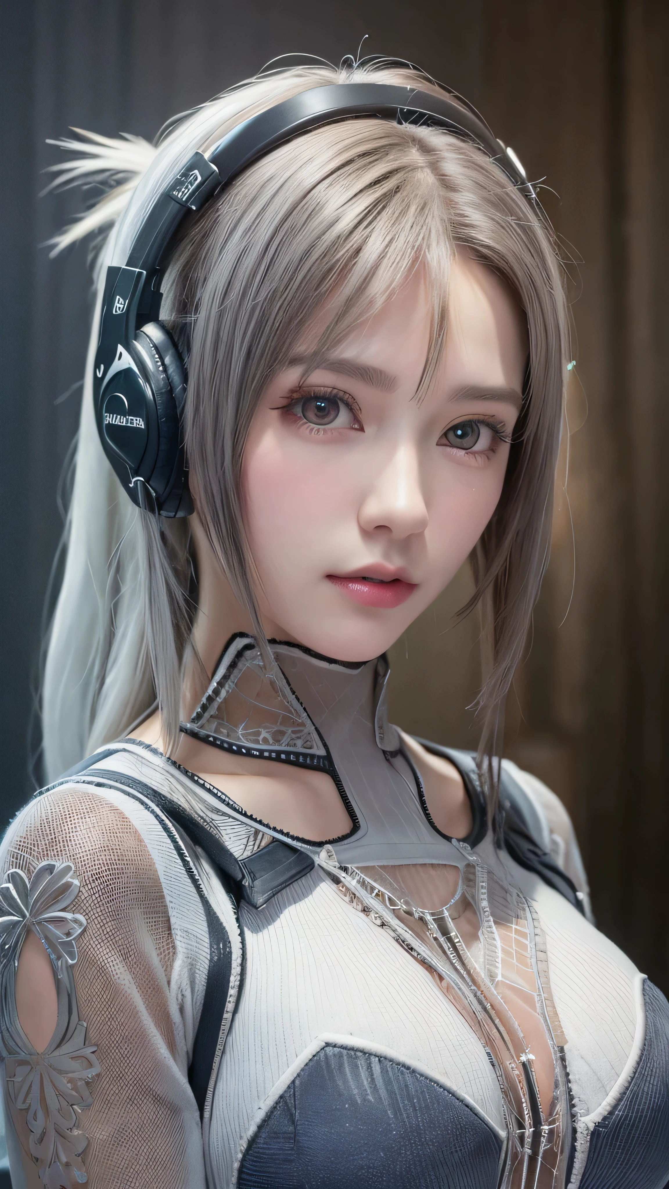 highest quality、8K masterpiece、超A high resolution、(Photoreal:1.3)、RAW photo、1 girl、silver hair、(braided twin tails)、glowing skin、1 Super Beautiful College Girl、((Ultra realistic details))、cowboy shot、global illumination、Shadow、octane rendering、8k、super sharp、very intricate details、realistic light、Trends in CG society、beautiful eyes、blue shining eyes、towards the camera、(medium size bust:1.4)、headset、(((transparent white tight bodysuit:1.4)))、headset、cyberpunk interior,