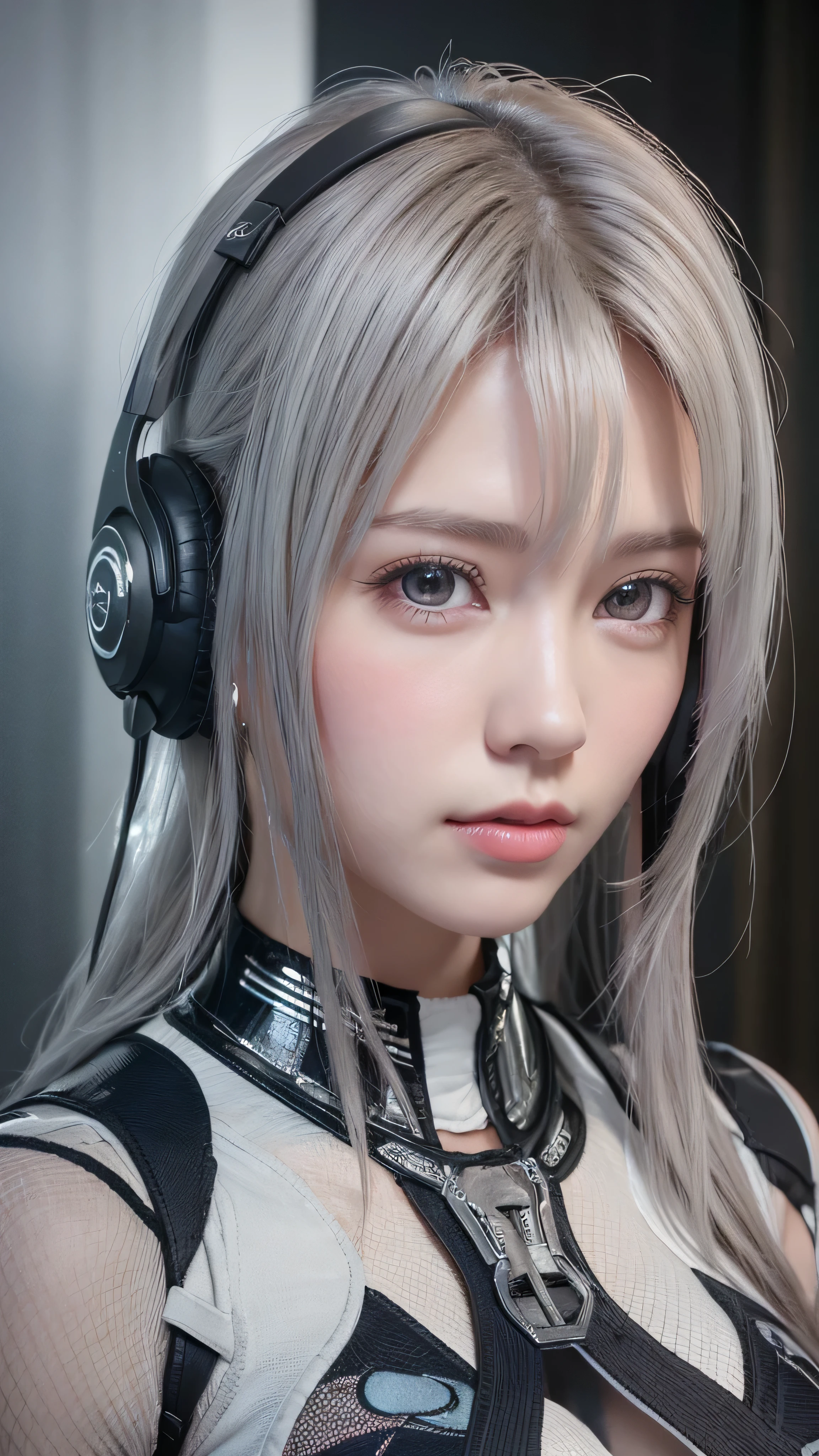 highest quality、8K masterpiece、超A high resolution、(Photoreal:1.3)、RAW photo、1 girl、silver hair、(braided twin tails)、glowing skin、1 Super Beautiful College Girl、((Ultra realistic details))、cowboy shot、global illumination、Shadow、octane rendering、8k、super sharp、very intricate details、realistic light、Trends in CG society、beautiful eyes、blue shining eyes、towards the camera、(medium size bust:1.4)、headset、(((transparent white tight bodysuit:1.4)))、headset、cyberpunk interior,