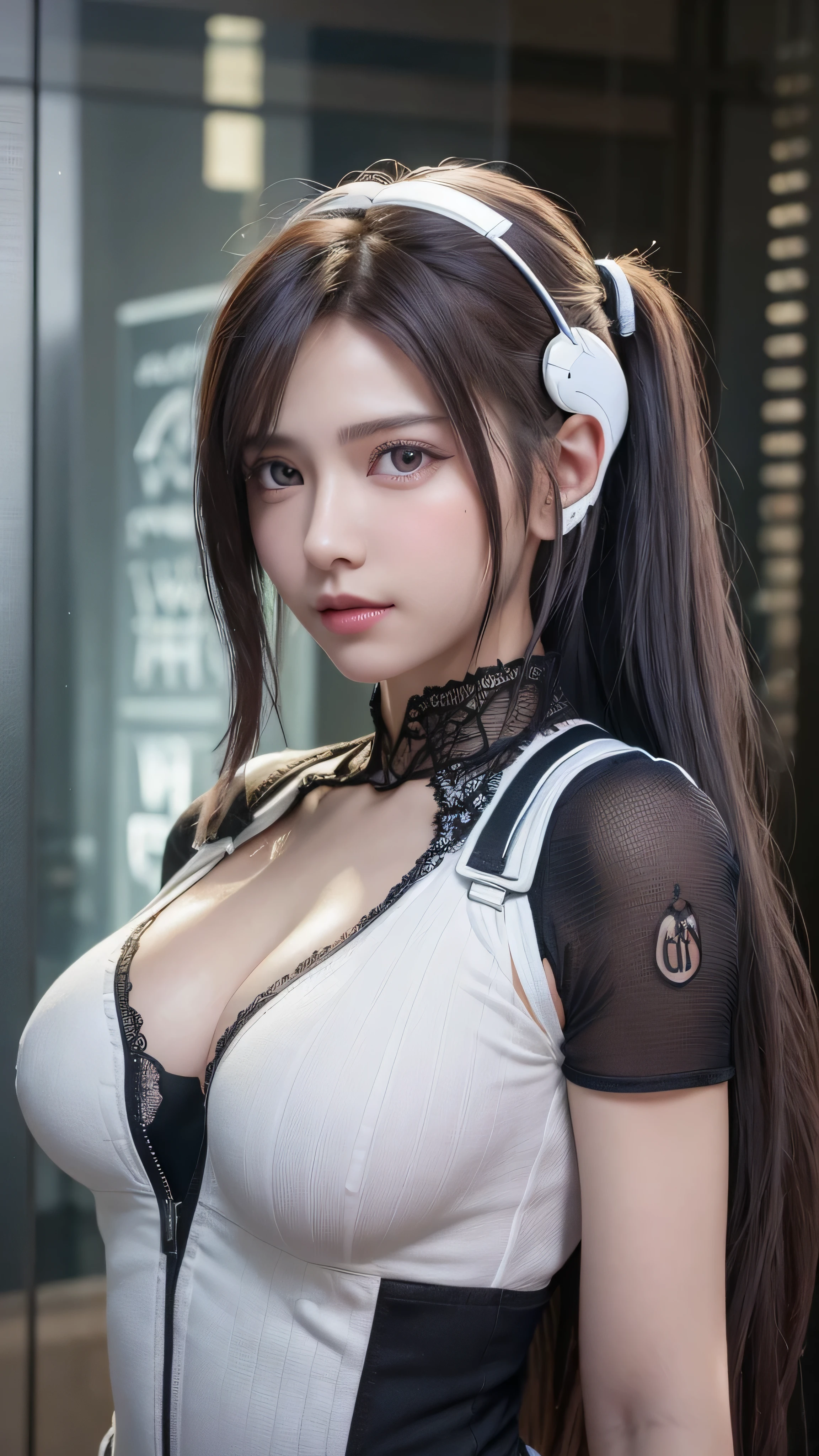 highest quality、8K masterpiece、超A high resolution、(Photoreal:1.3)、RAW photo、1 girl、silver hair、(braided twin tails)、glowing skin、1 Super Beautiful College Girl、((Ultra realistic details))、cowboy shot、global illumination、Shadow、octane rendering、8k、super sharp、very intricate details、realistic light、Trends in CG society、beautiful eyes、blue shining eyes、towards the camera、(medium size bust:1.4)、headset、(((transparent white tight bodysuit:1.4)))、headset、cyberpunk interior,