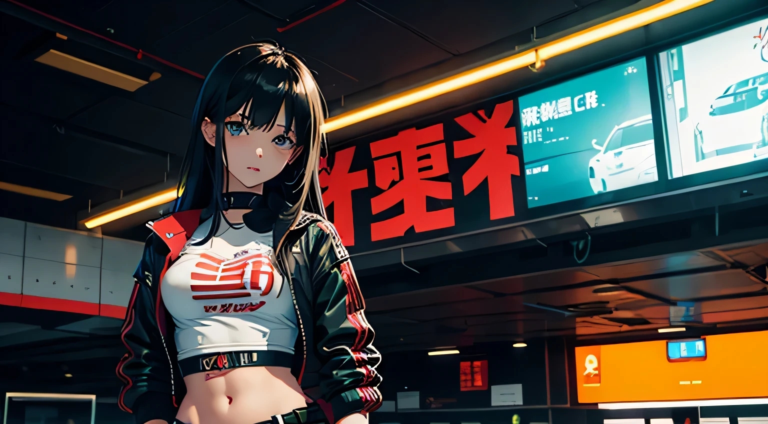 1 girl, solo, long_hair, bangs_between_the_eyes black_hair_with_strands_green, bi_color_ green_neon eyes, sexy_face, HOLDING IN HIS HANDS A SWORD STICKED INTO THE GROUND, cyberpunk_clothes, short_jacket, navel appears, short_skirt, scarred_legs, left_arm_band, tattoo_above_navel_background_of_abandoned_AIRPORT_red, manga_style_image .