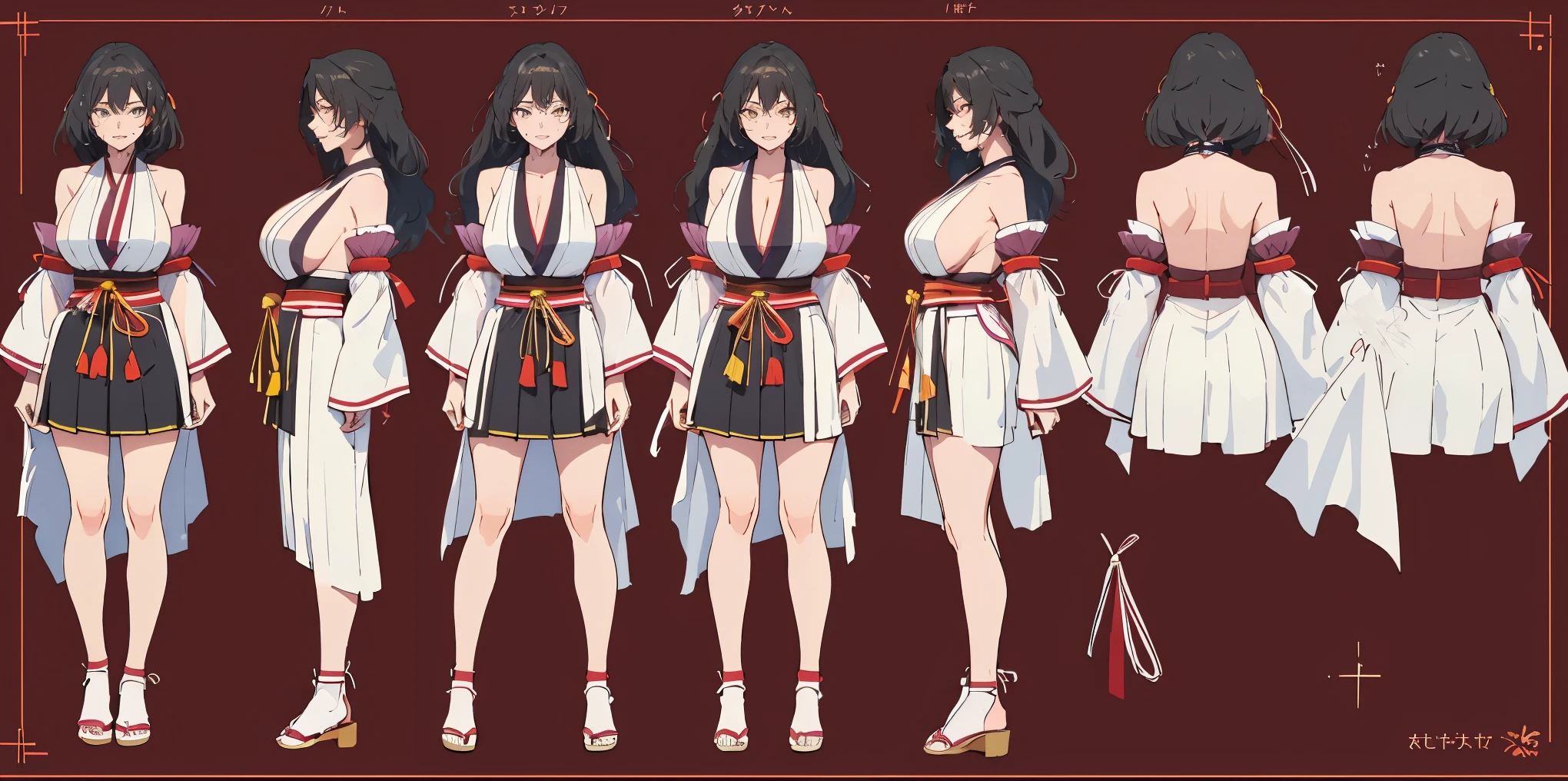 dominique_de_sade, black hair, long hair, yellow eyes, girl, solo, full body, from head to toe, standing, (Huge_Breasts:1.3), Character Design Sheet, character reference sheet, character turn around, shrine maiden, japanese clothes, detached sleeves, hakama short skirt
