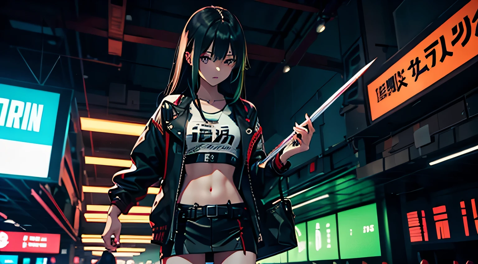 1 girl, solo, long_hair, bangs_between_the_eyes black_hair_with_strands_green, bi_color_ green_neon eyes, sexy_face, HOLDING IN HIS HANDS A SWORD STICKED INTO THE GROUND, cyberpunk_clothes, short_jacket, navel appears, short_skirt, scarred_legs, left_arm_band, tattoo_above_navel_background_of_abandoned_AIRPORT_red, manga_style_image .