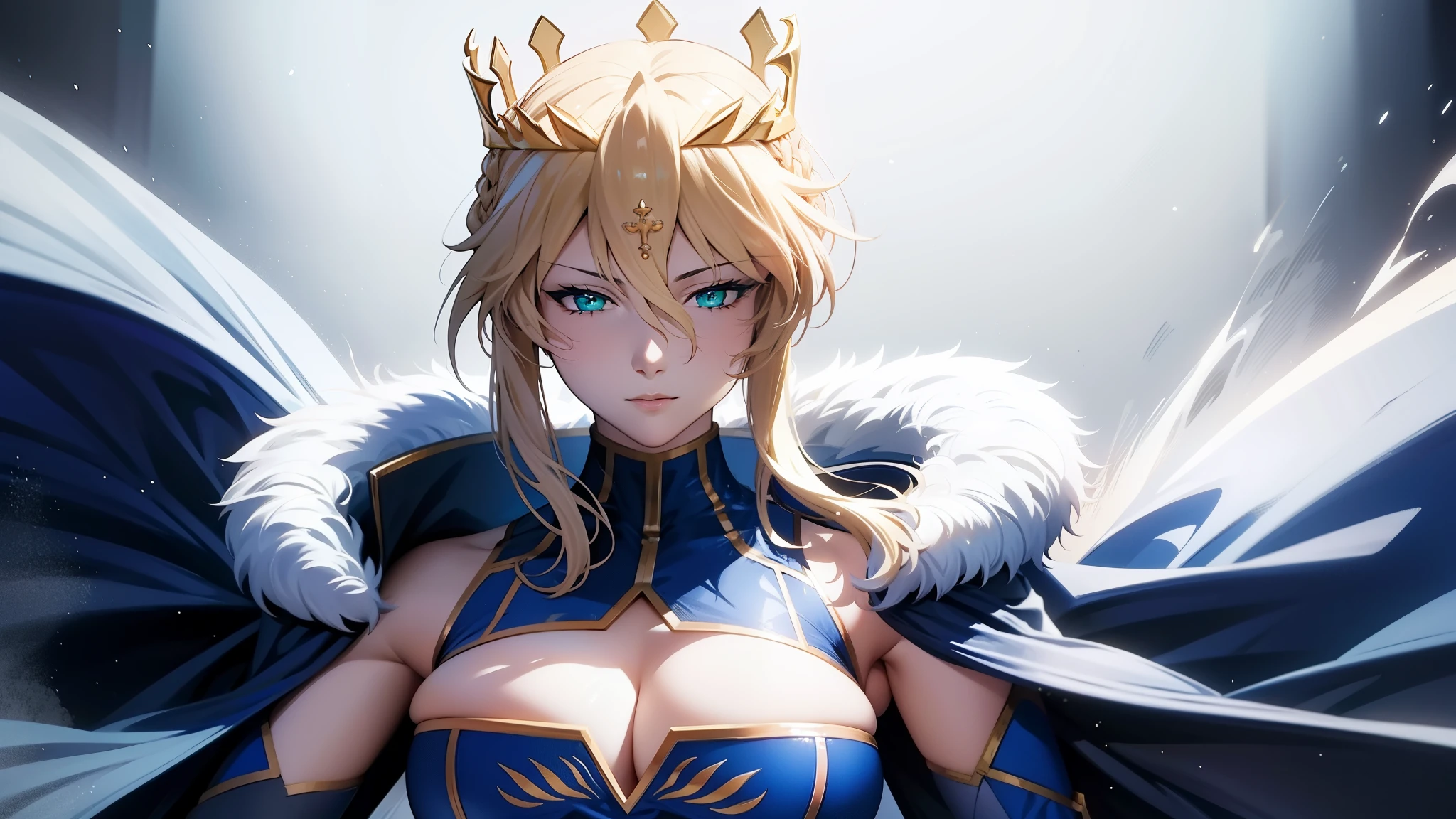 (best quality, highres), Artoria pendragon lancer, adult woman, green eyes, artoriaLancer, braid, crown, turtleneck, cleavage cutout, sleeveless, blue leotard, gauntlets, elegant, perfect eyes, detailed eyes