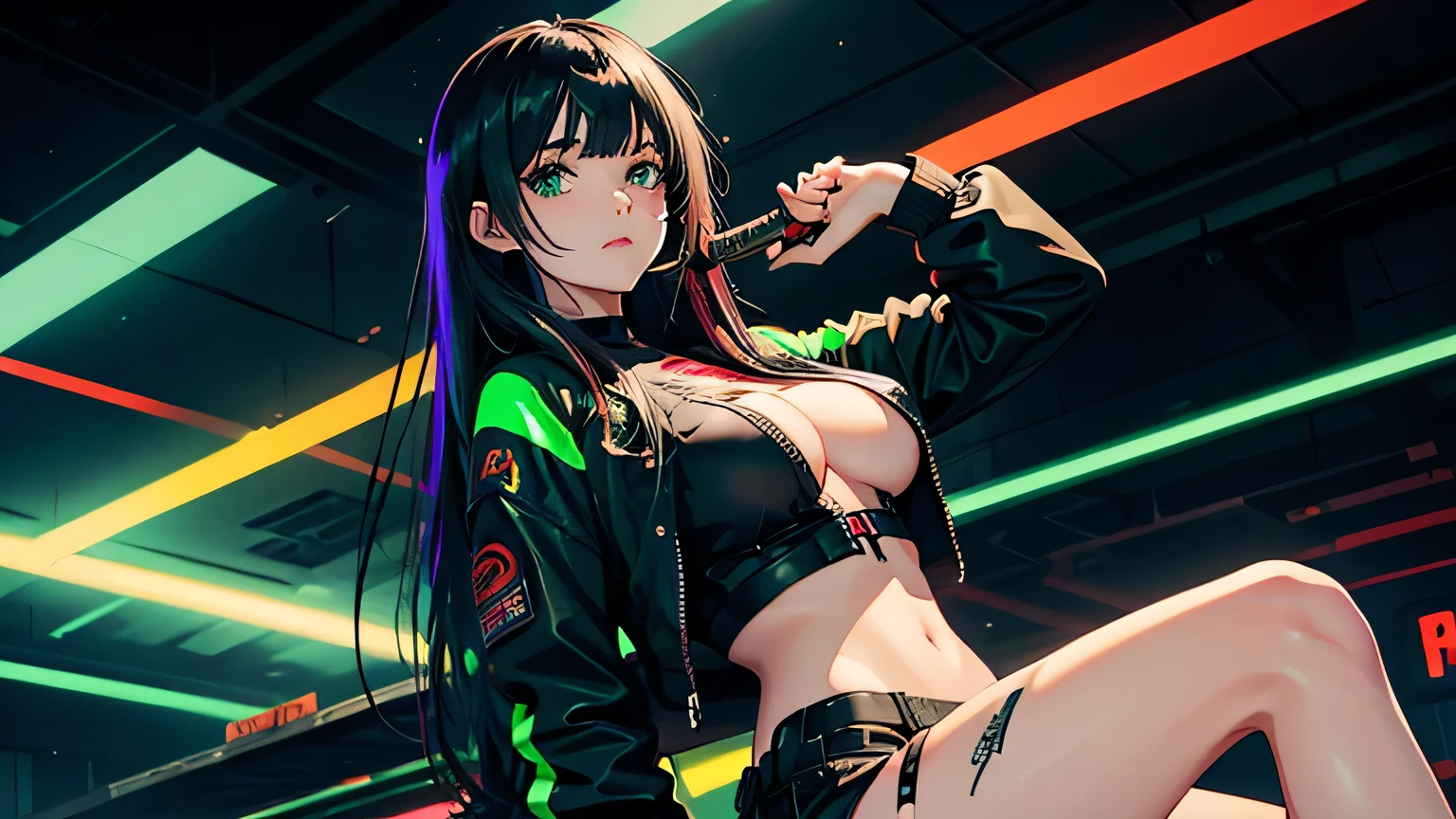 1 girl, solo, long_hair, big breast, bangs_between_the_eyes black_hair_with_strands_green, bi_color_ green_neon eyes, sexy_face, HOLDING IN HIS HANDS A SWORD STICKED INTO THE GROUND, cyberpunk_clothes, short_jacket, navel appears, short_skirt, scarred_legs, left_arm_band, tattoo_above_navel_background_of_abandoned_AIRPORT_red, manga_style_image .