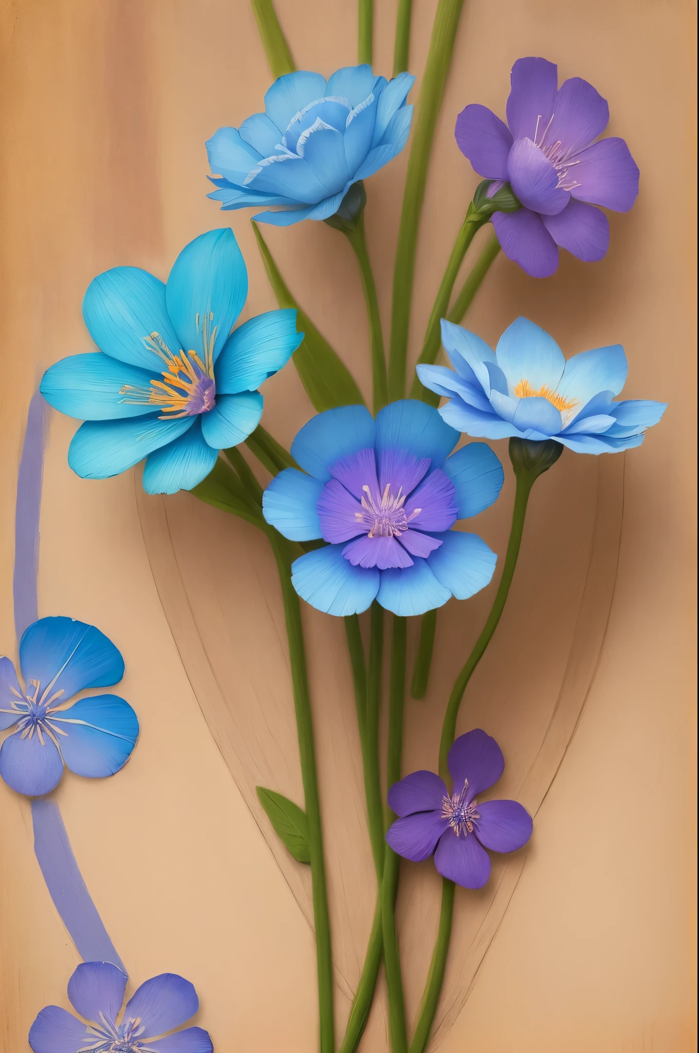 a close up of a flower on a stick on a wooden table, a pastel by Charles Billich, tumblr, art nouveau, beautiful!!!!!!!!!, blue purple aqua colors, beautiful detail and color, detailed!!!!!!!, blue and purple, purple and blue, purple and blue colored, brilliantly colored, gorgeous colors, brilliantly coloured, beautifully painted, beautiful flower, beautiful design