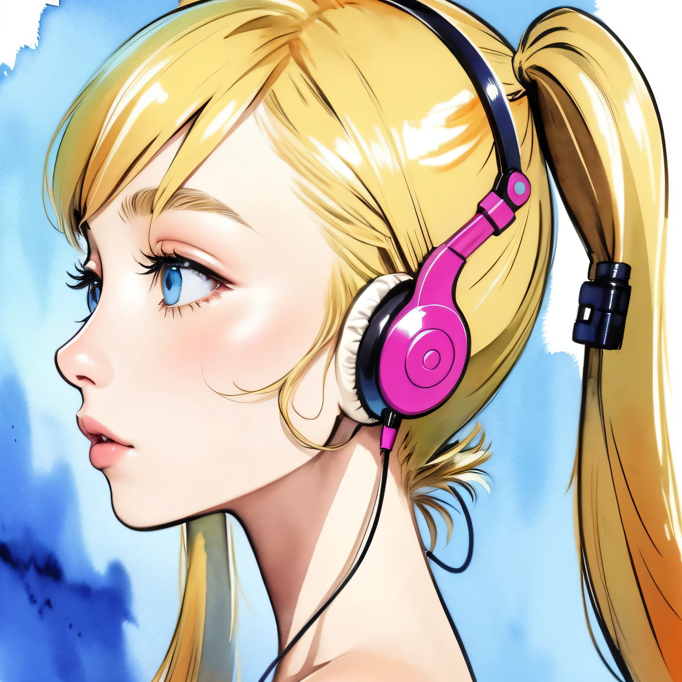 Pee、Peeを自分の顔にかける、colorful、headphones、watercolor、blonde、twin tails、I'm 、profile、spread your legs、naked,stand、front、Pee、Pissing、Pee