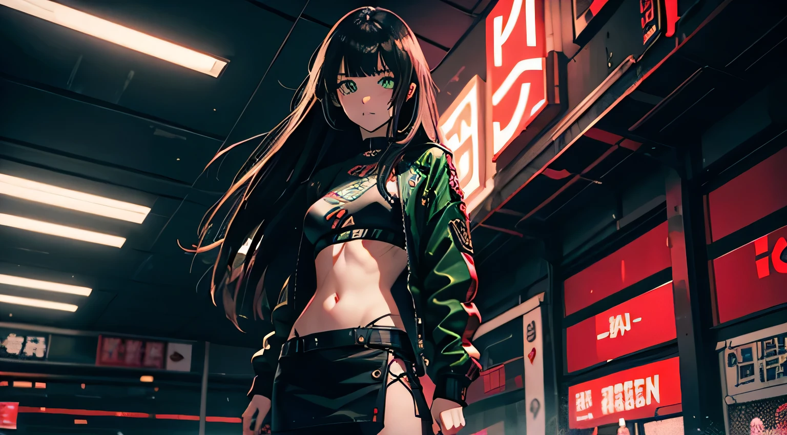 1 girl, solo, long_hair, bangs_between_the_eyes black_hair_with_strands_green, bi_color_ green_neon eyes, sexy_face, HOLDING IN HIS HANDS A SWORD STICKED INTO THE GROUND, cyberpunk_clothes, short_jacket, navel appears, short_skirt, scarred_legs, left_arm_band, tattoo_above_navel_background_of_abandoned_AIRPORT_red, manga_style_image, big breast.